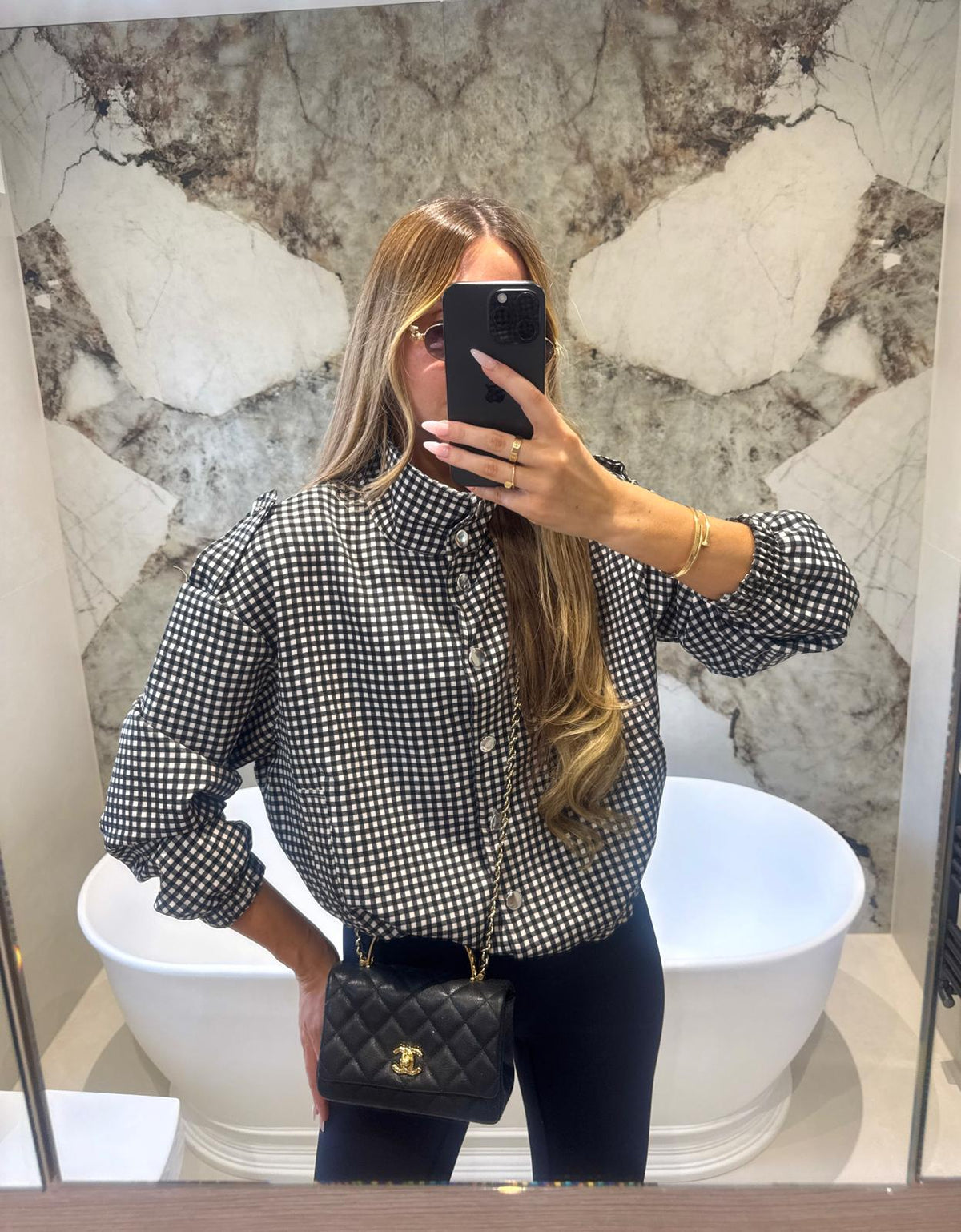 Silver button gingham jacket - black
