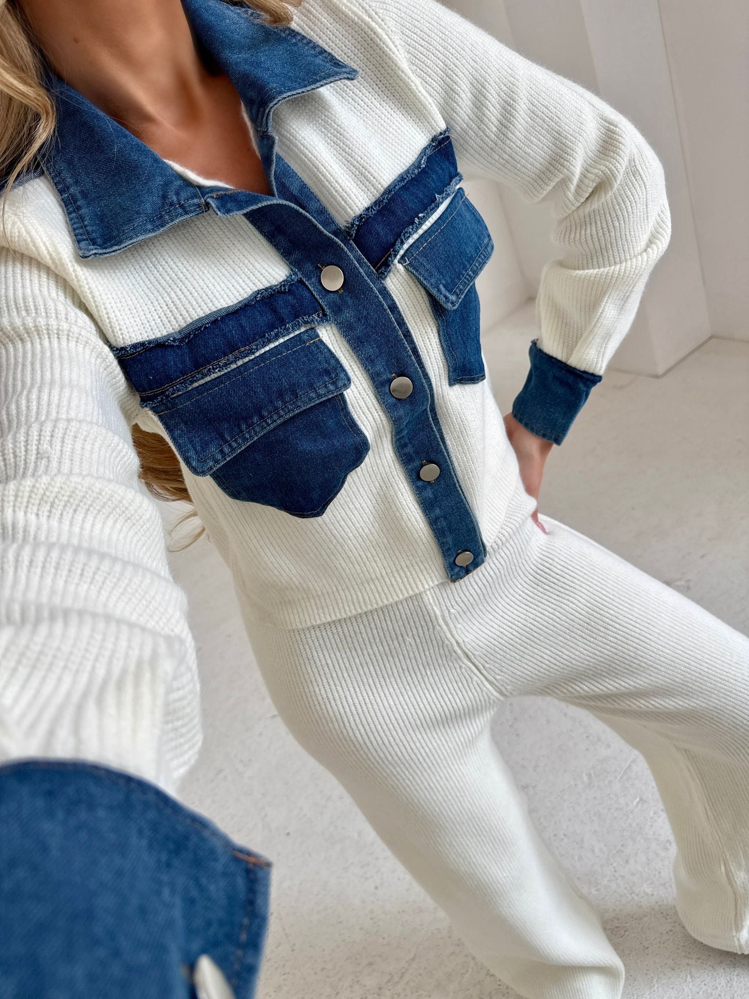 Collar Knit Denim Lounge Set - Cream