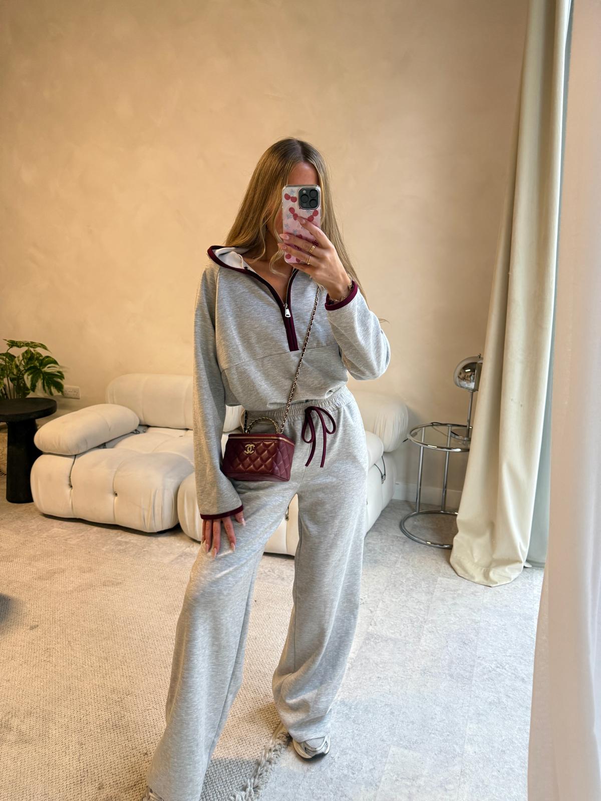 Half zip contrast tracksuit - grey & Burgundy