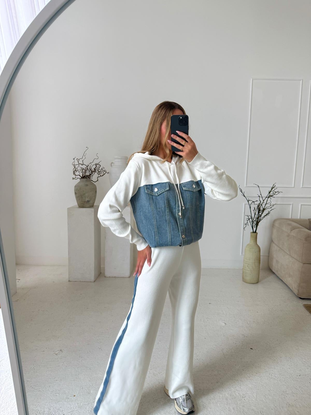 Hooded Knit Denim Tracksuit - Cream