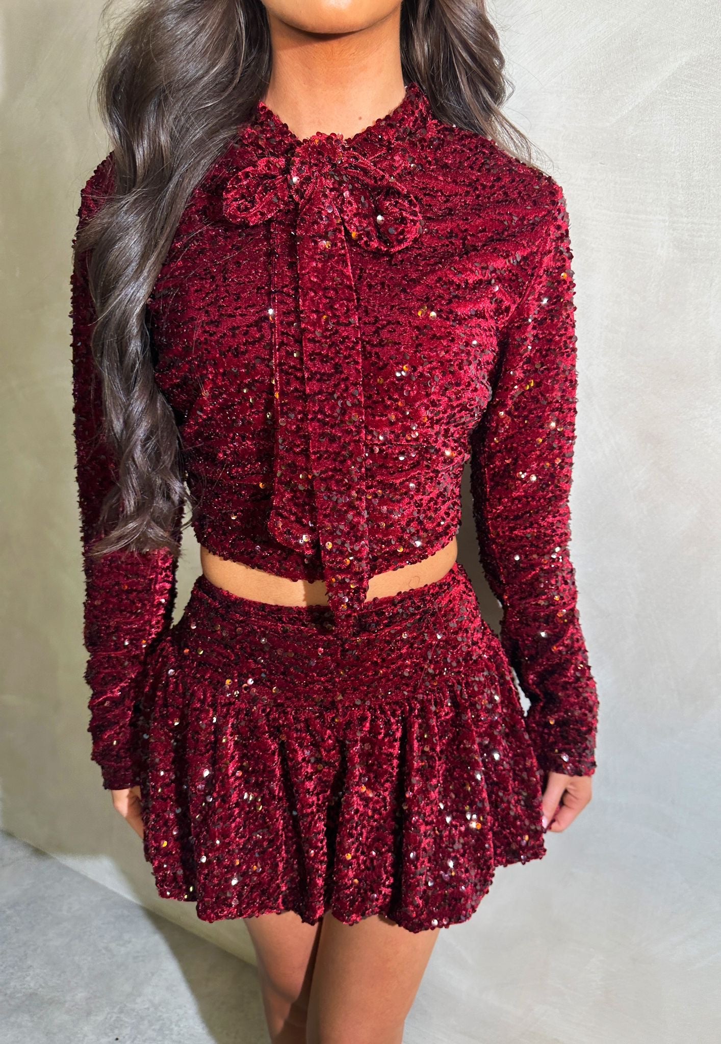 Sequin Bow Short Co-Ord - wine