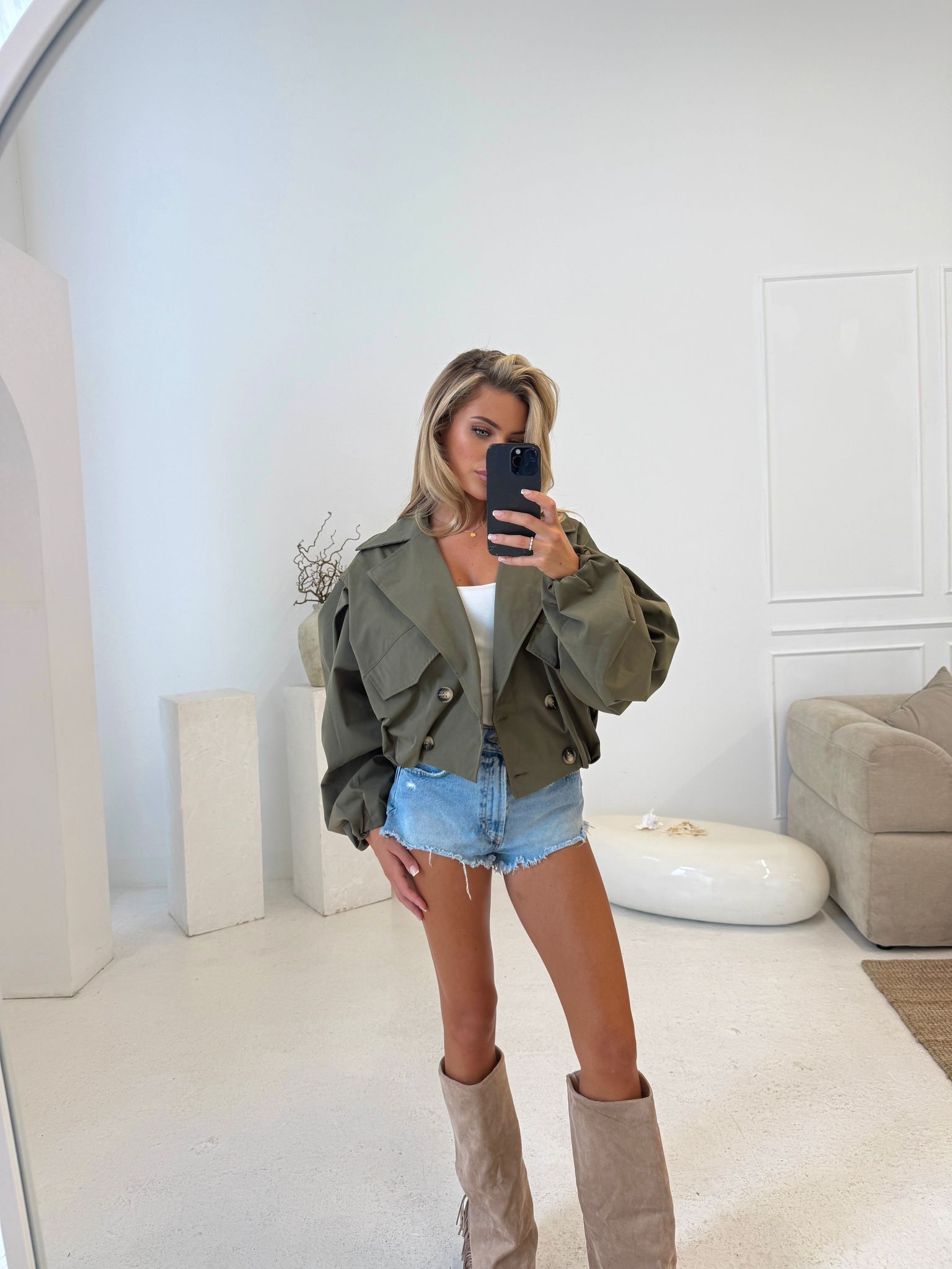 Balloon arm crop jacket - Khaki