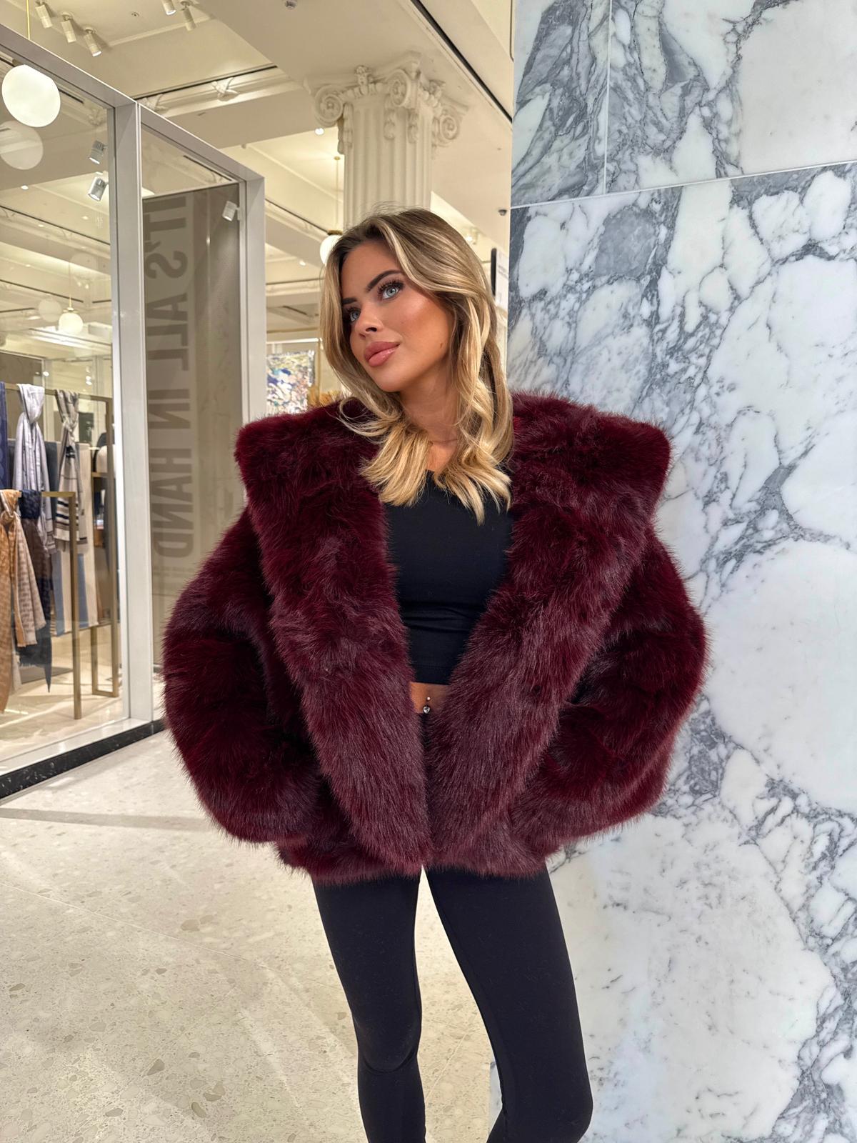 Hood Faux Fur Coat - Burgundy