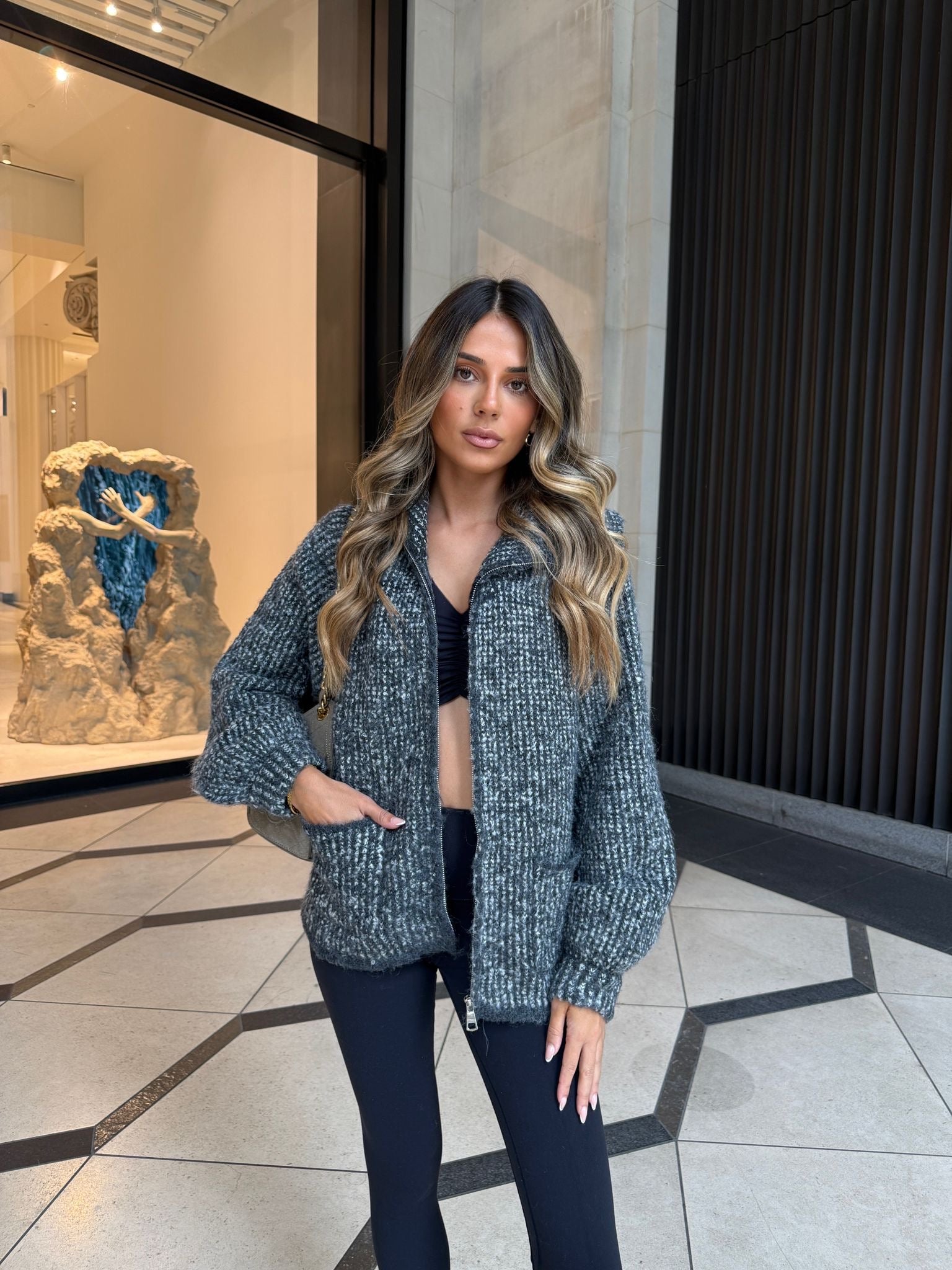 Chunky knit zip cardigan - grey