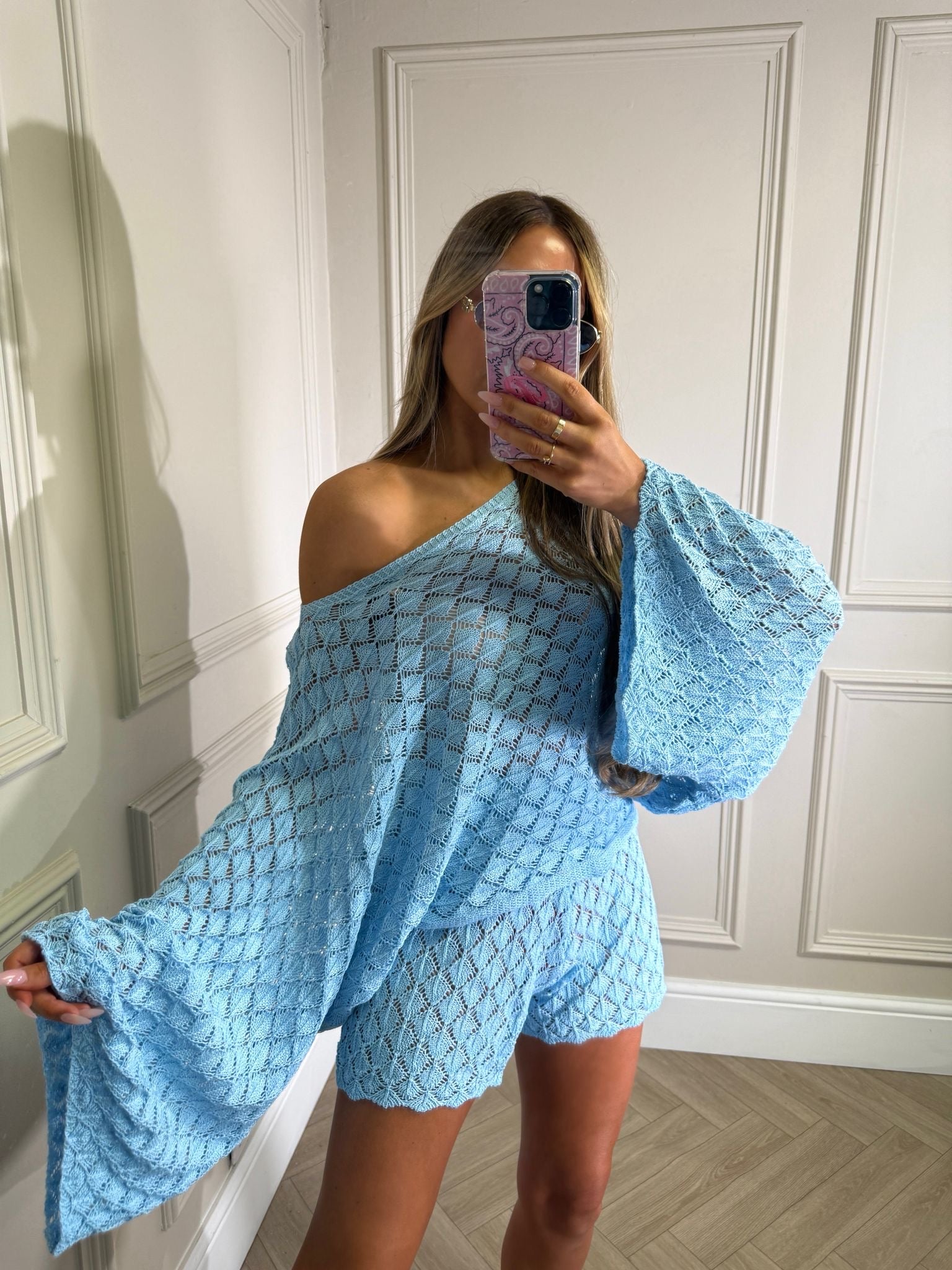 Off shoulder crochet co-ord - blue