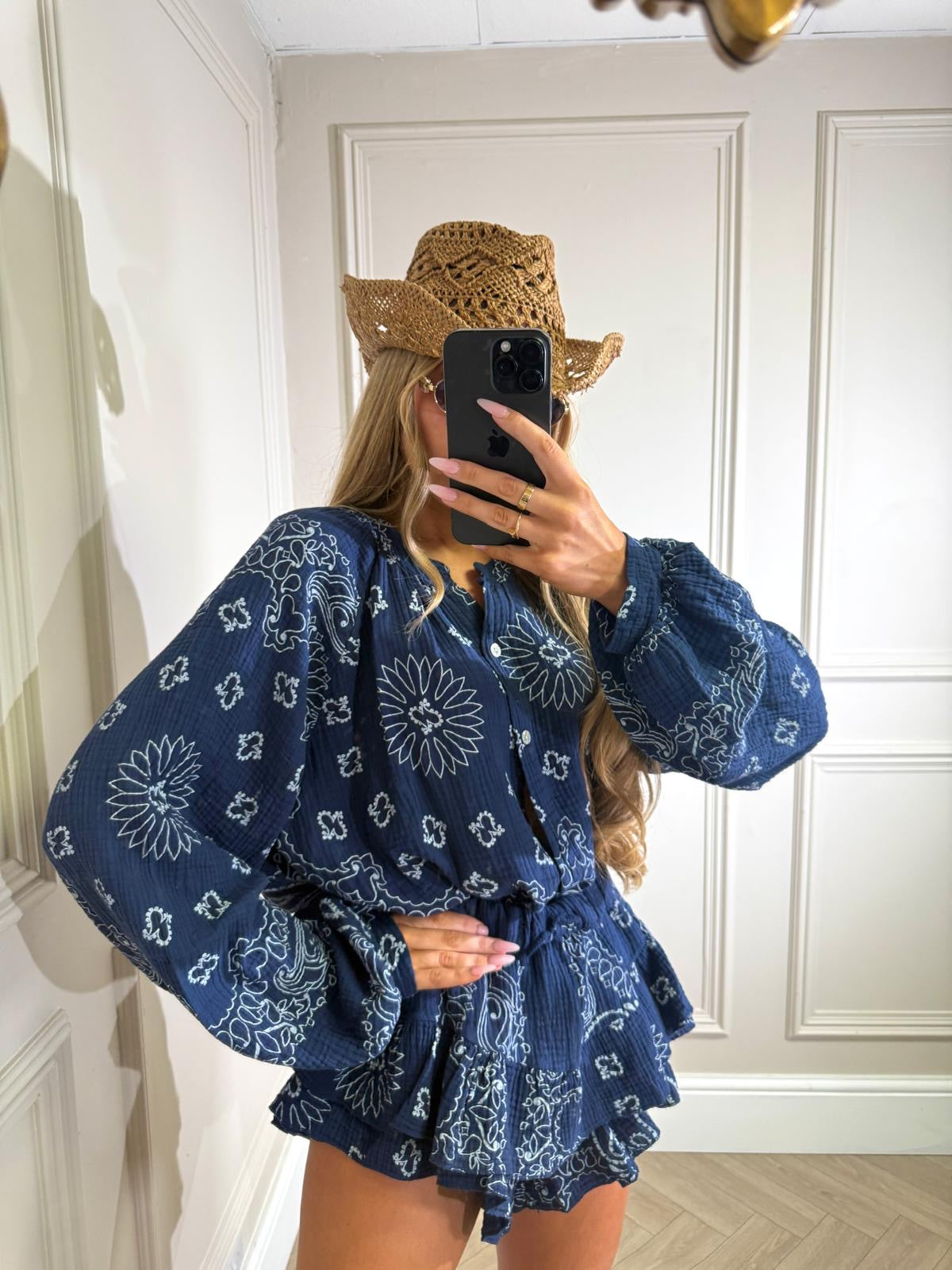 Grandad collar cheesecloth co-ord - Bandana navy