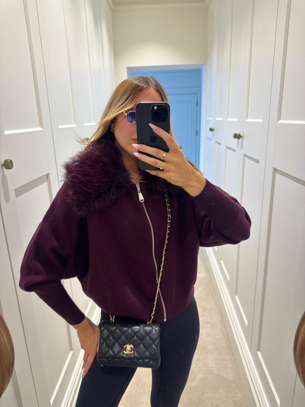 Collar fur cardigan - wine