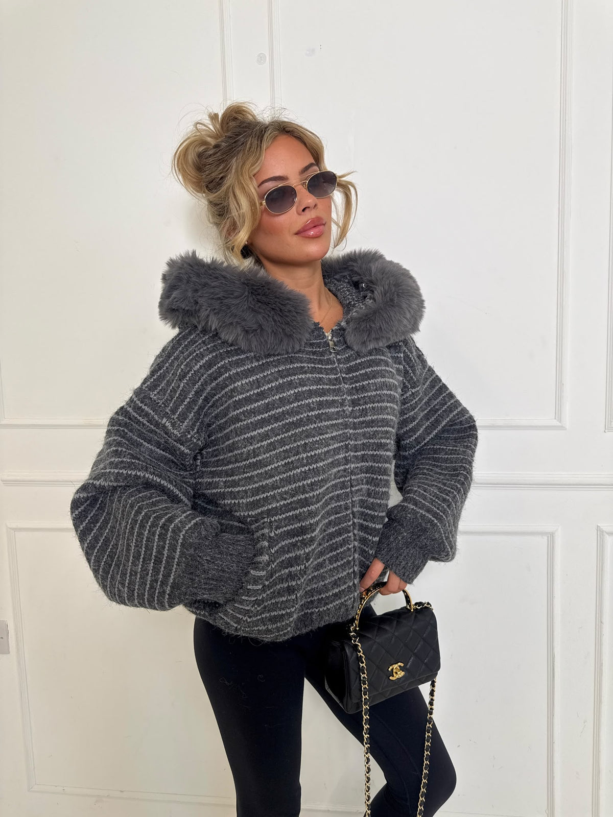 Stripe faux fur cardigan - grey
