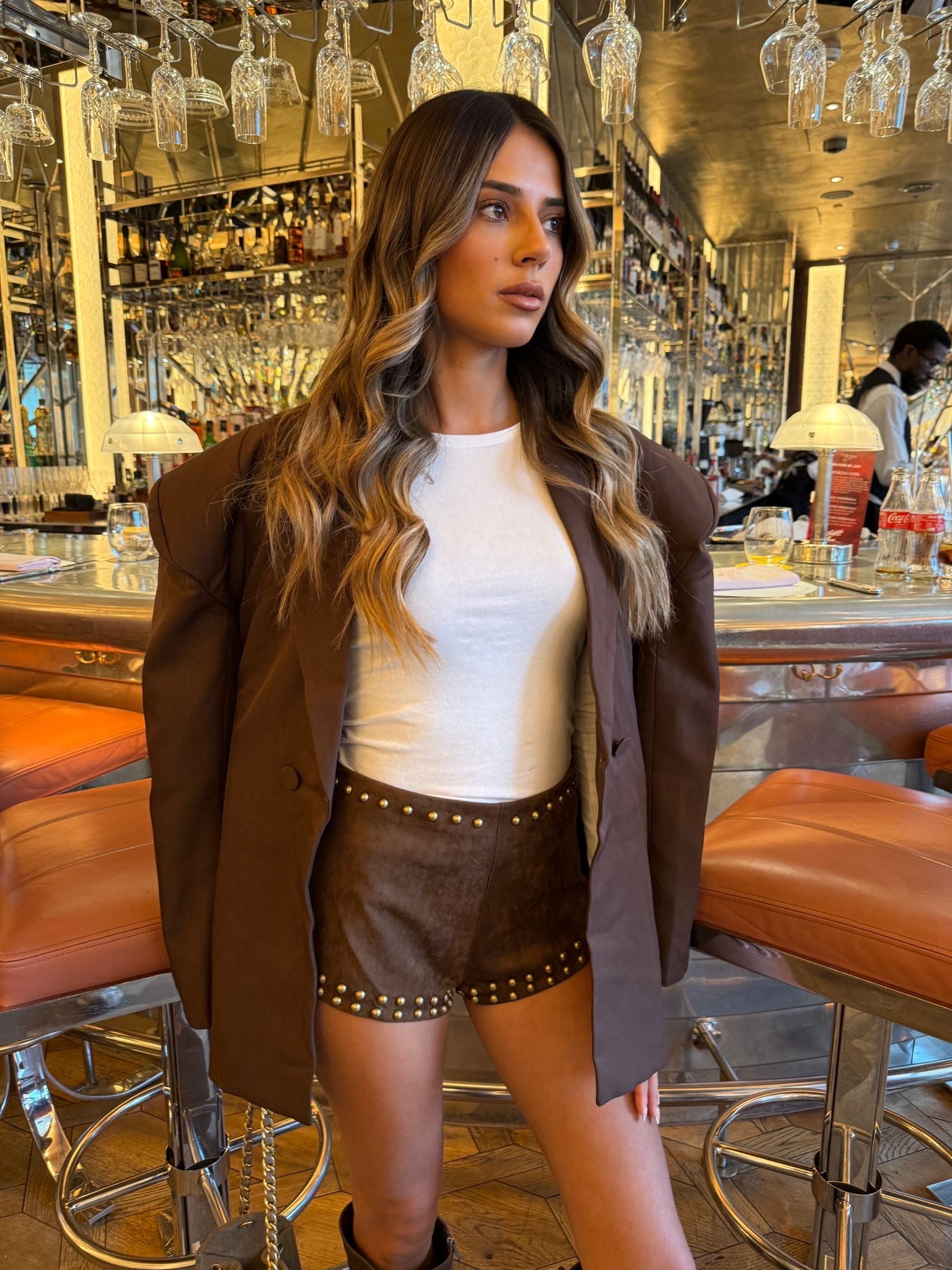 Suede stud shorts - tan