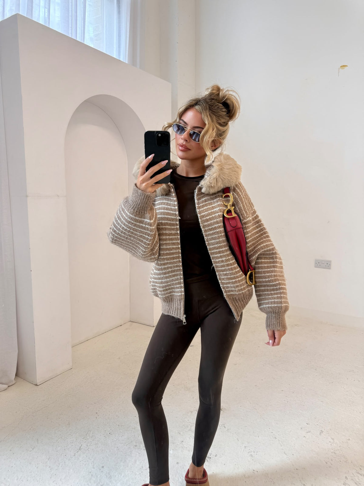 Stripe faux fur cardigan - beige