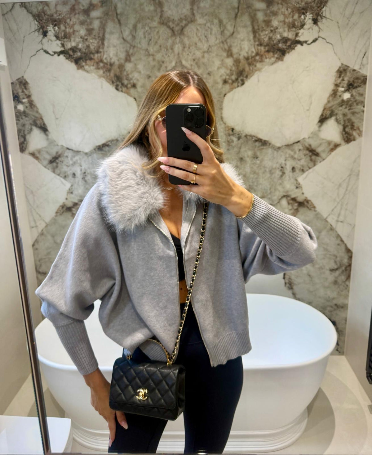 Collar fur cardigan - grey