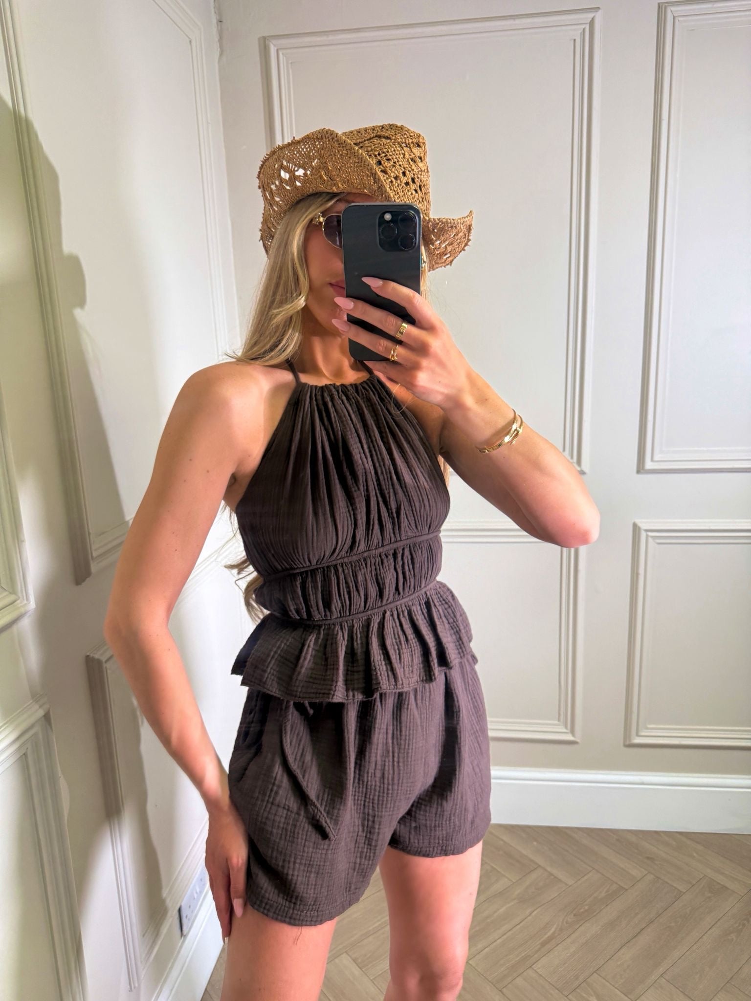 Strap Cheesecloth short set - brown