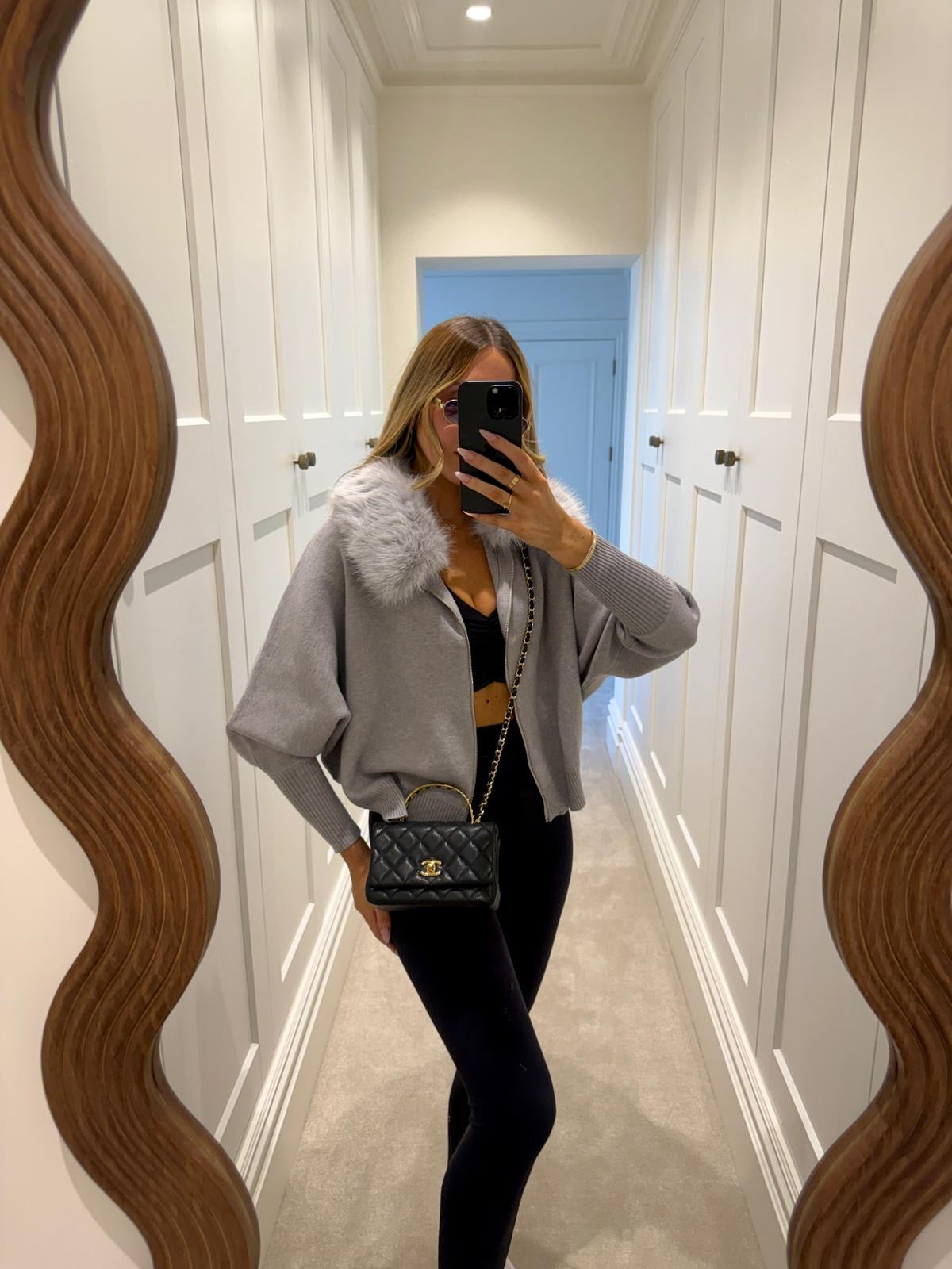 Collar fur cardigan - grey