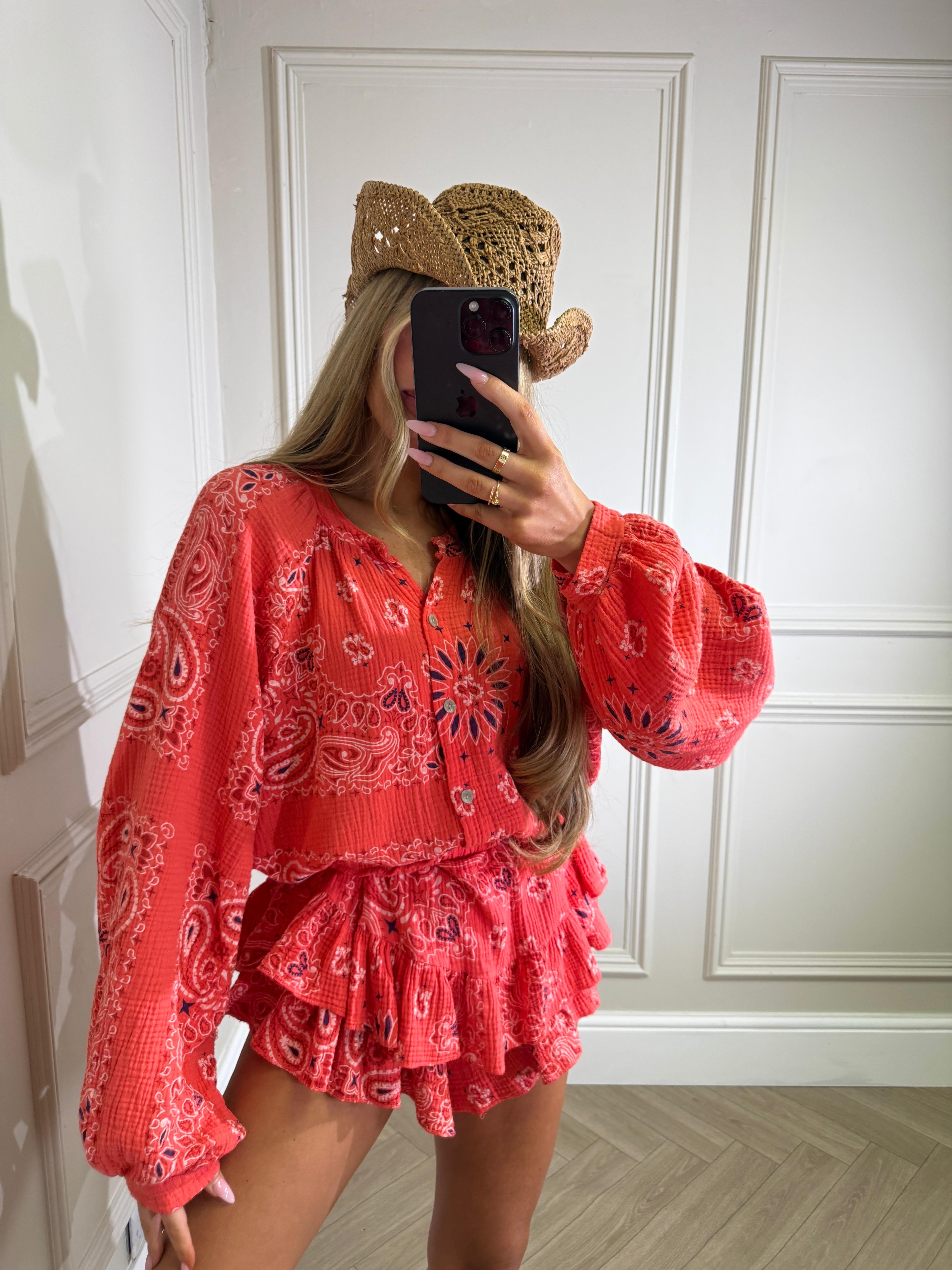 Grandad collar cheesecloth co-ord - Bandana coral