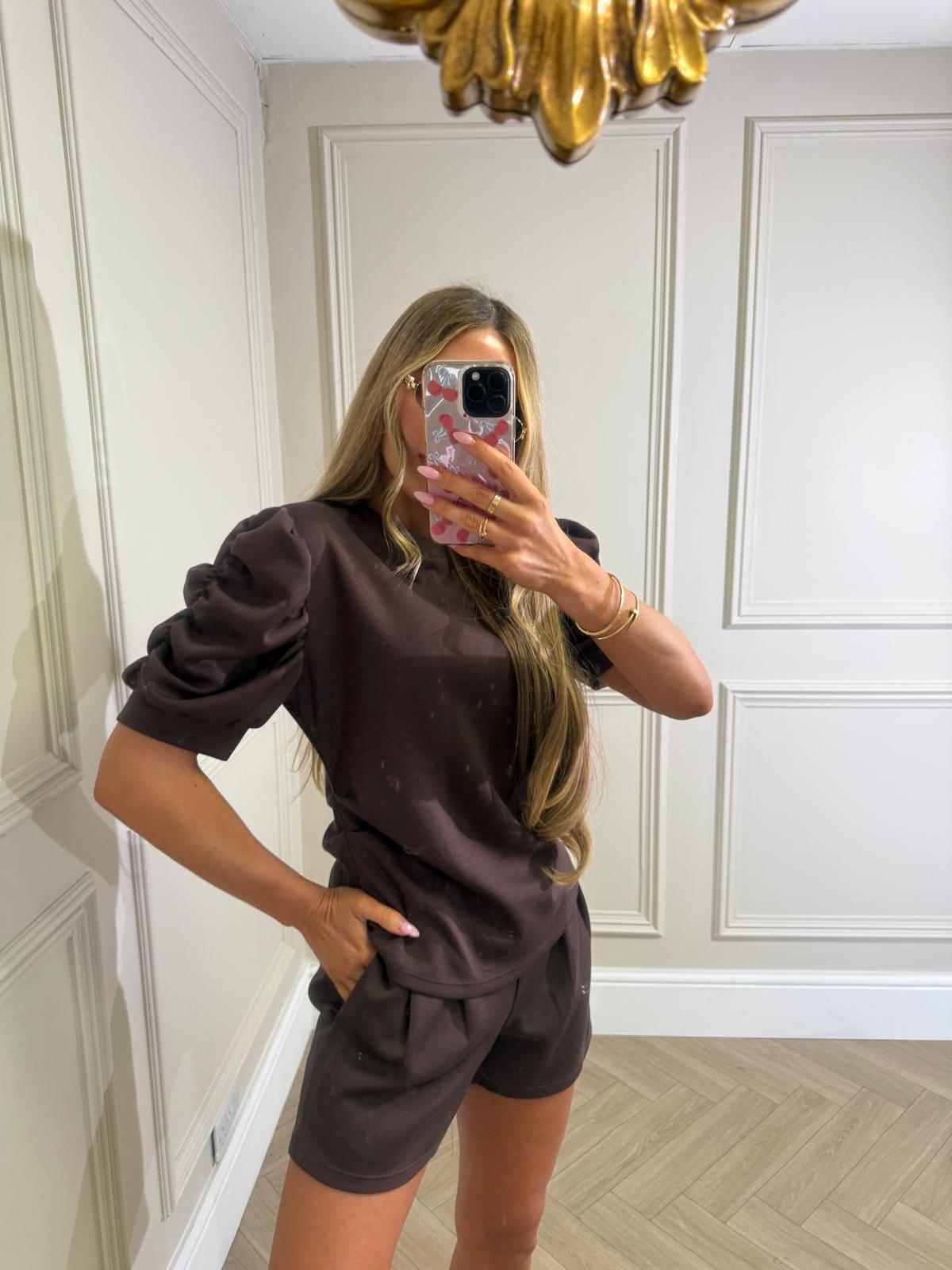 Ruched arm short set - brown