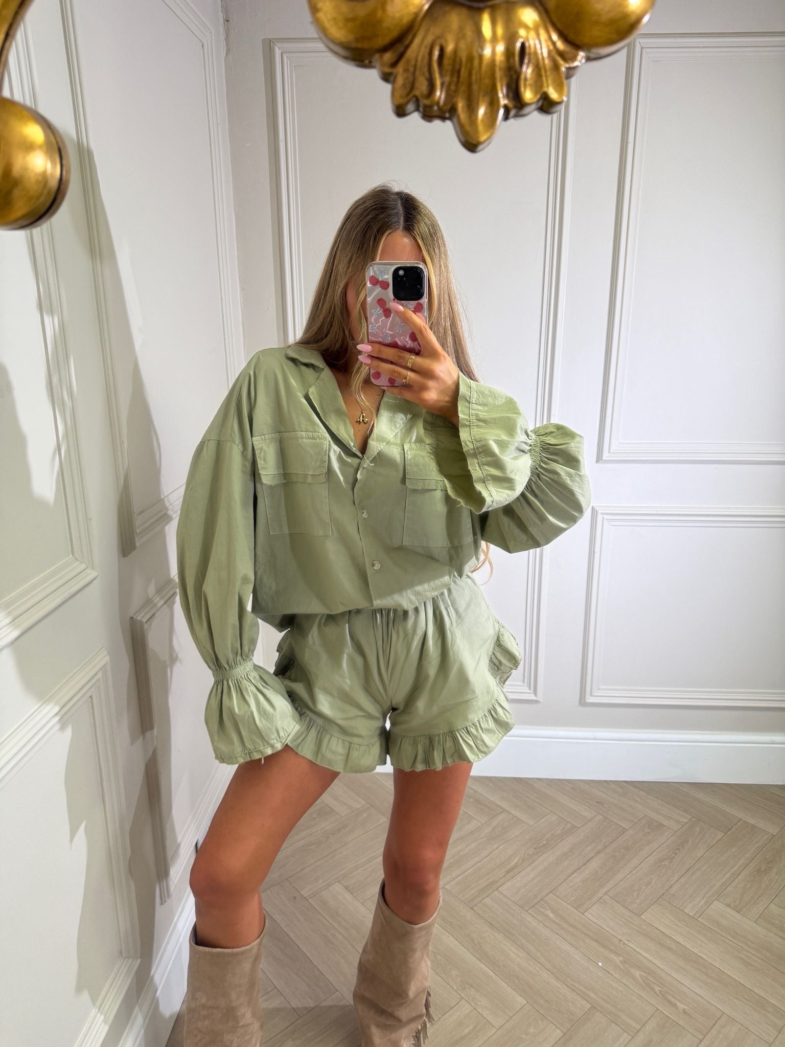 Frilly pocket two piece - khaki