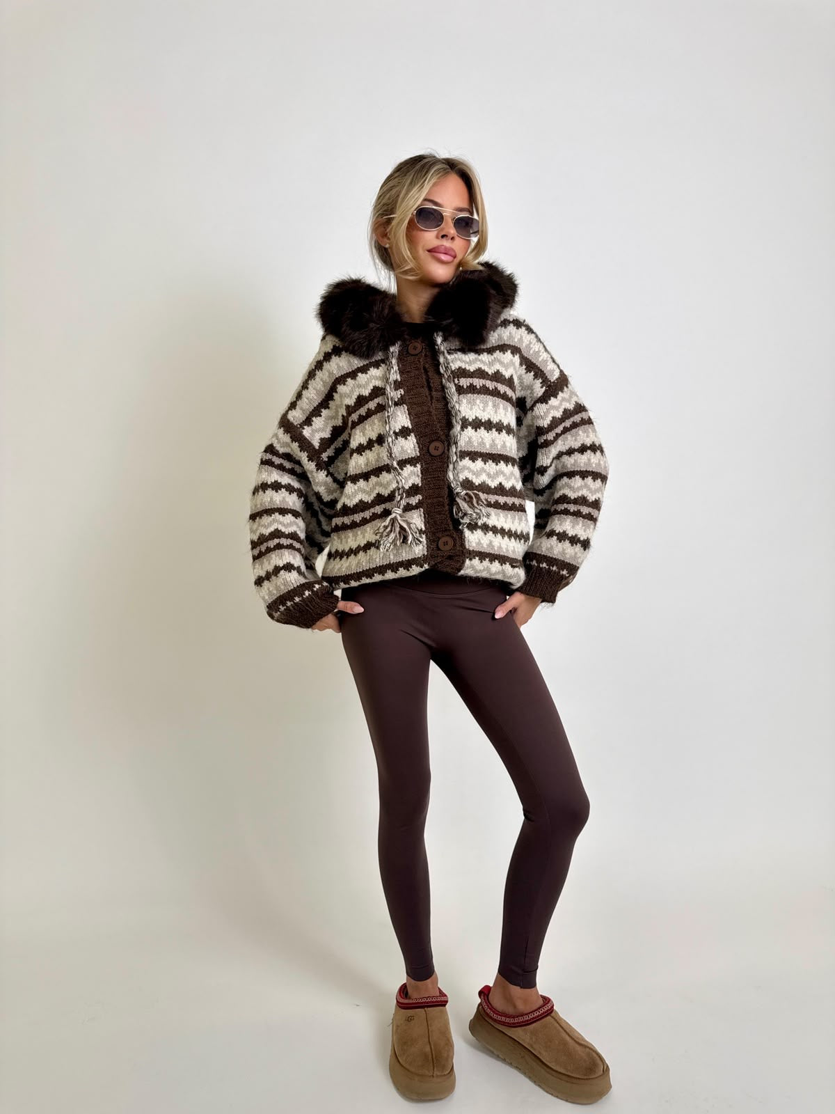 Aztec faux fur cardigan - brown