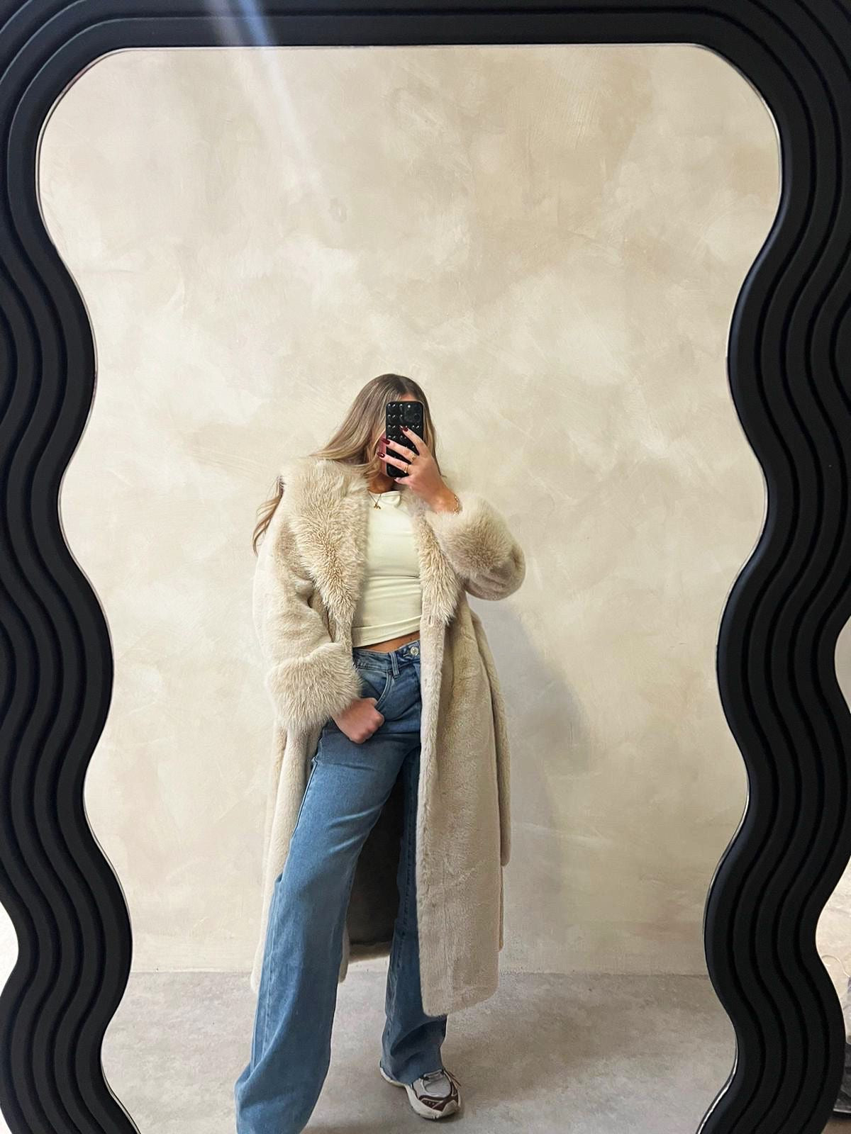 Luxury belted faux fur coat - cream