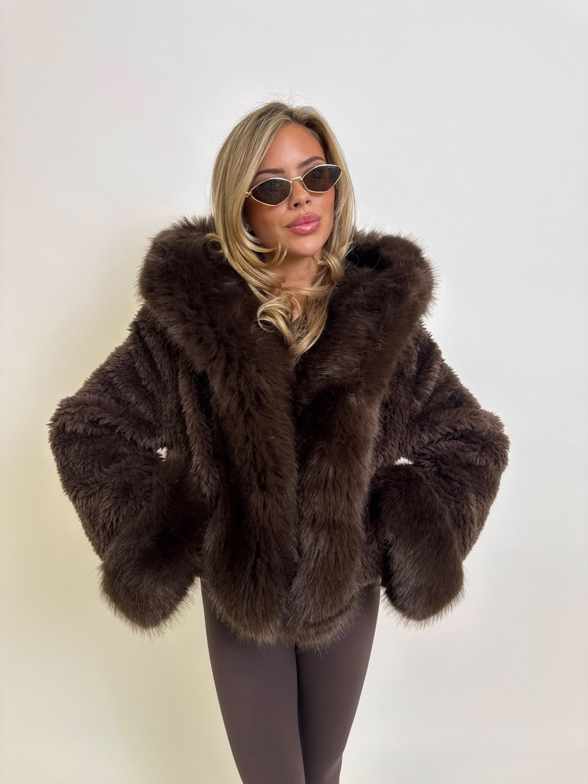 Faux Fur Coat With Hood - brown