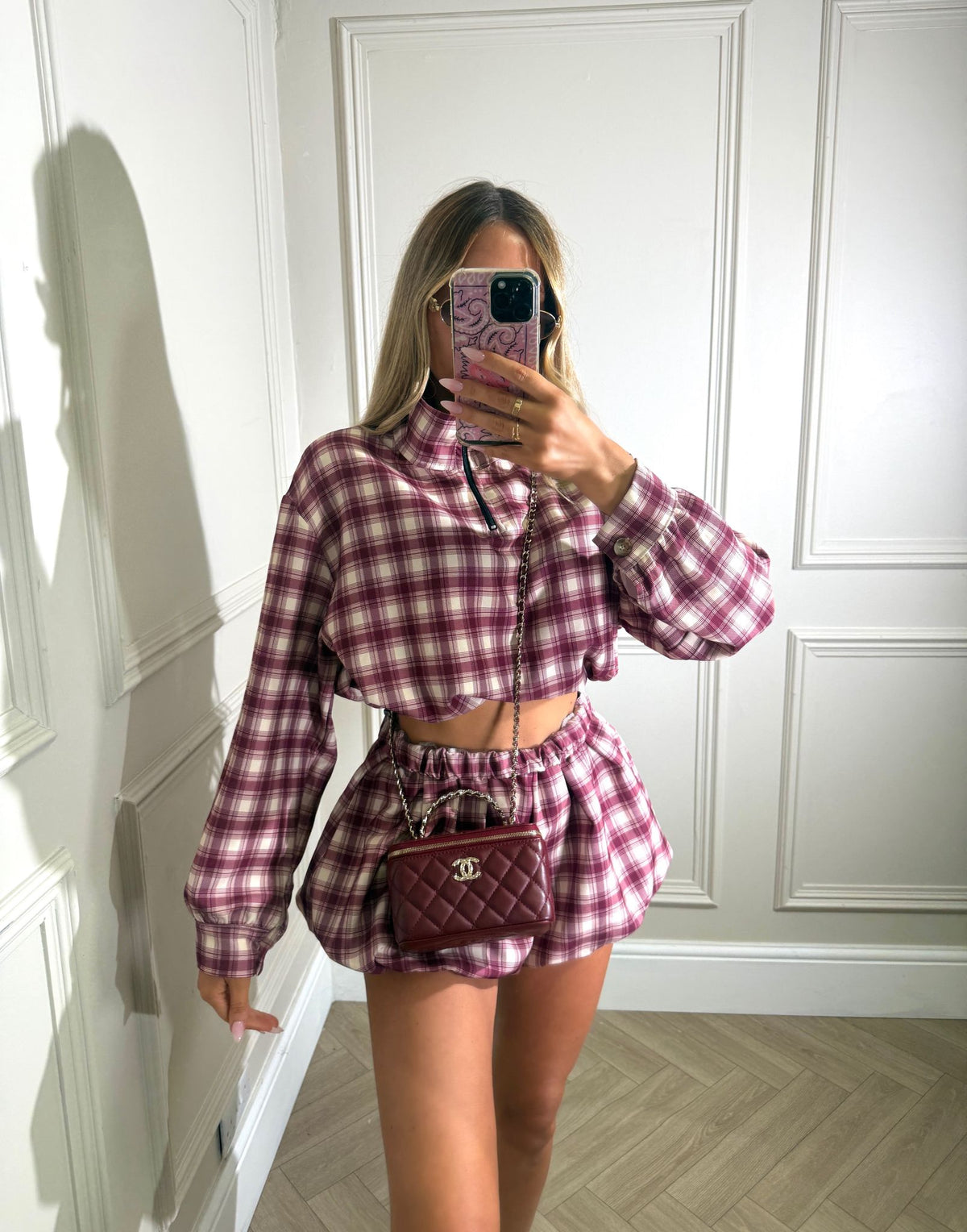 Check half zip co-ord - Burgundy