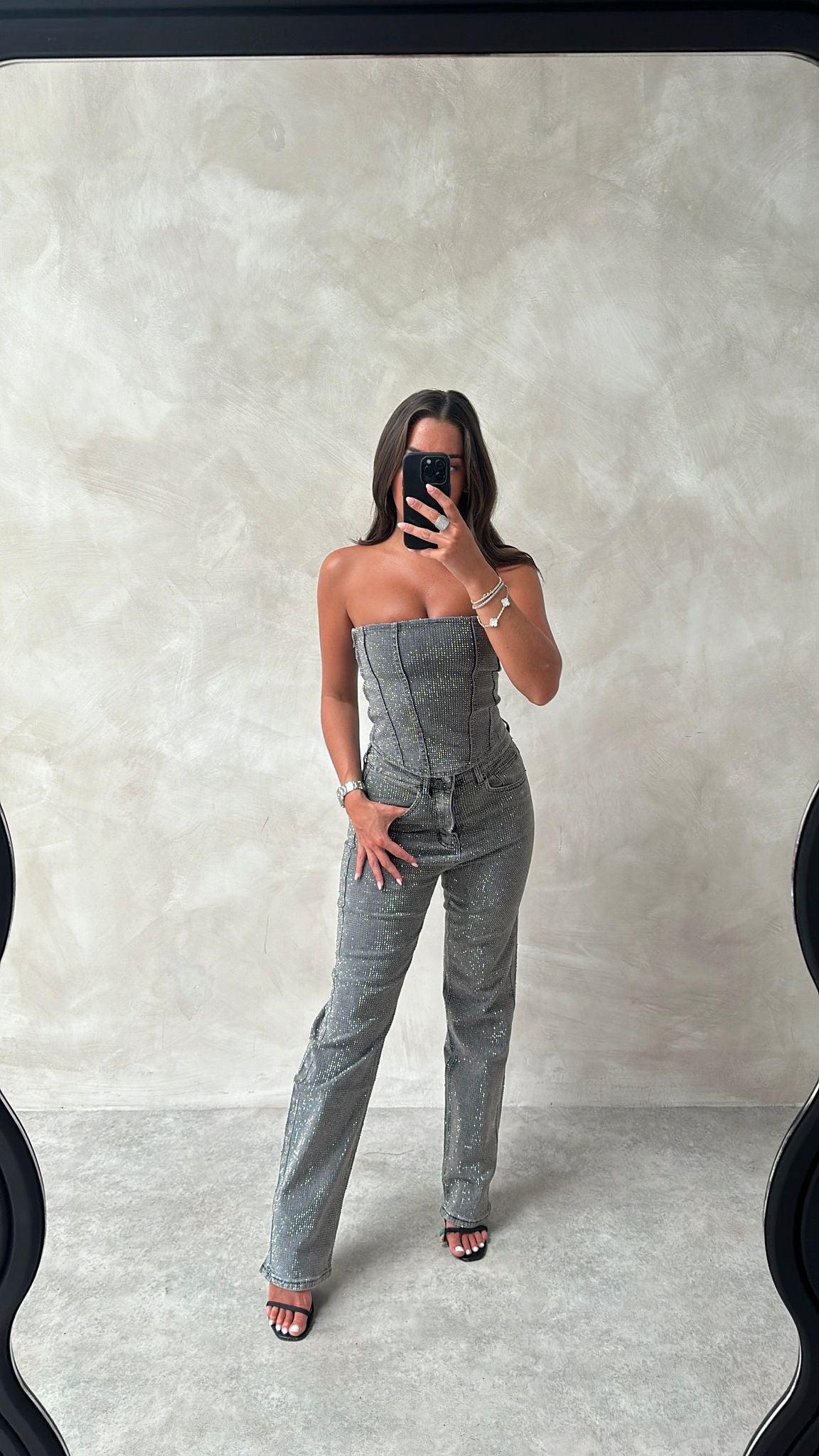 Luxury diamond denim corset top - grey