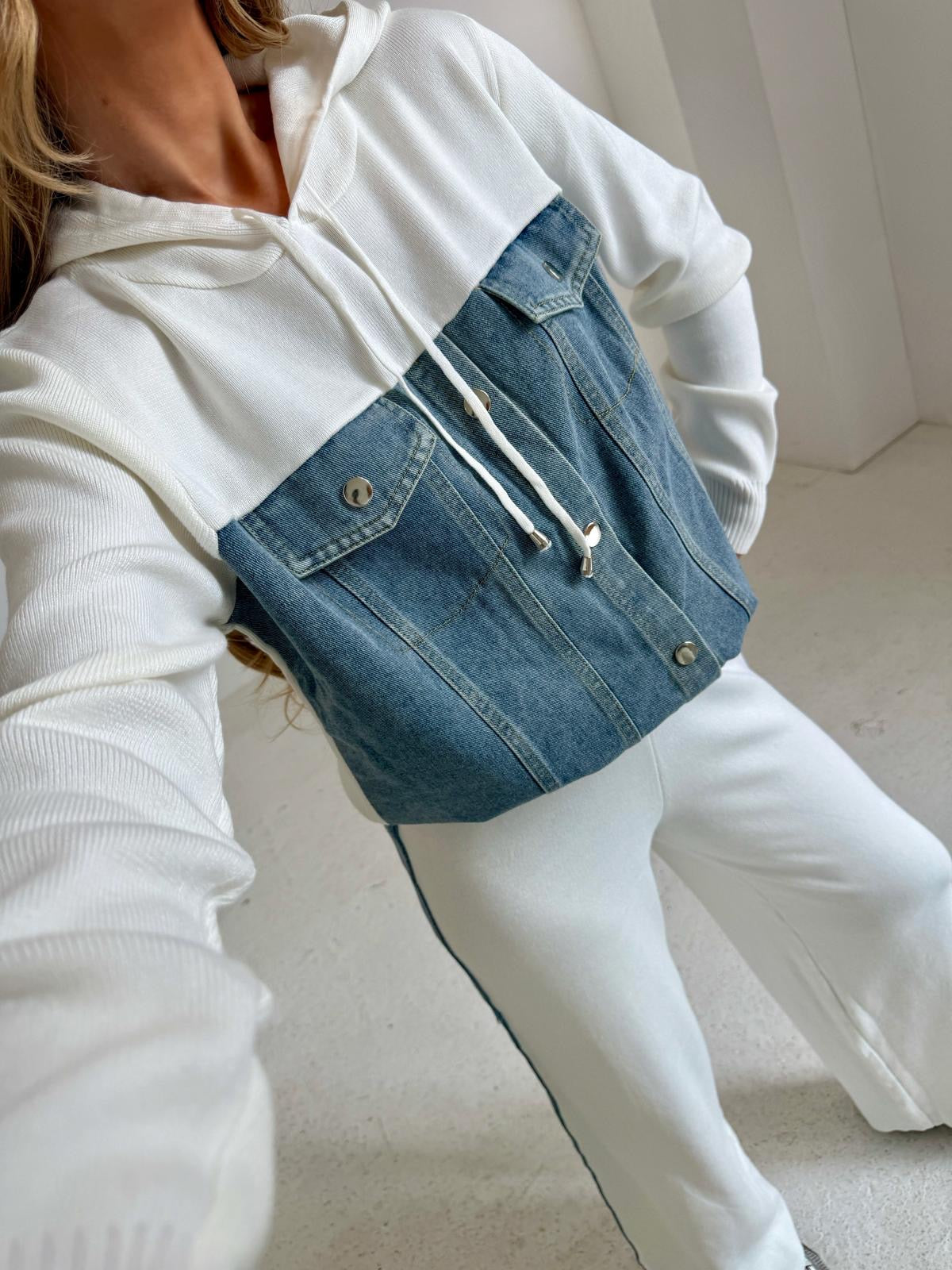 Hooded Knit Denim Tracksuit - Cream