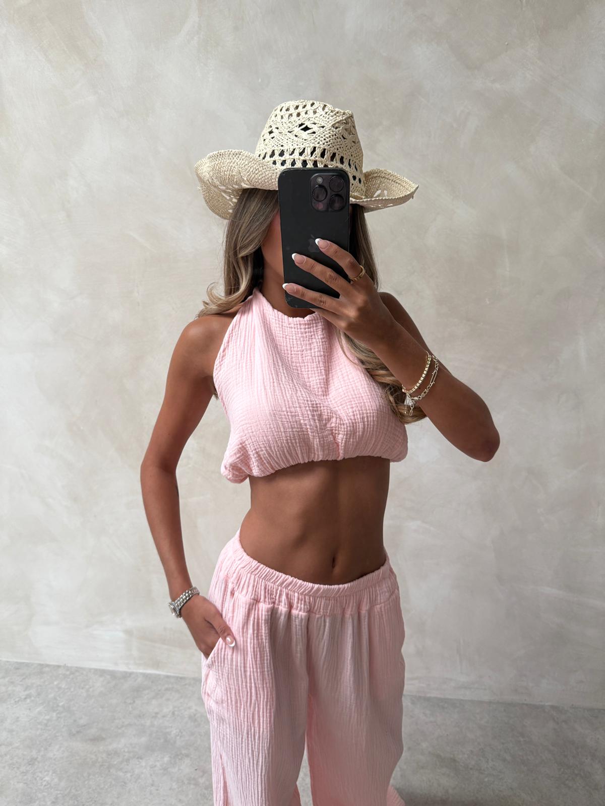 Ibiza Cheesecloth halterneck set - baby pink