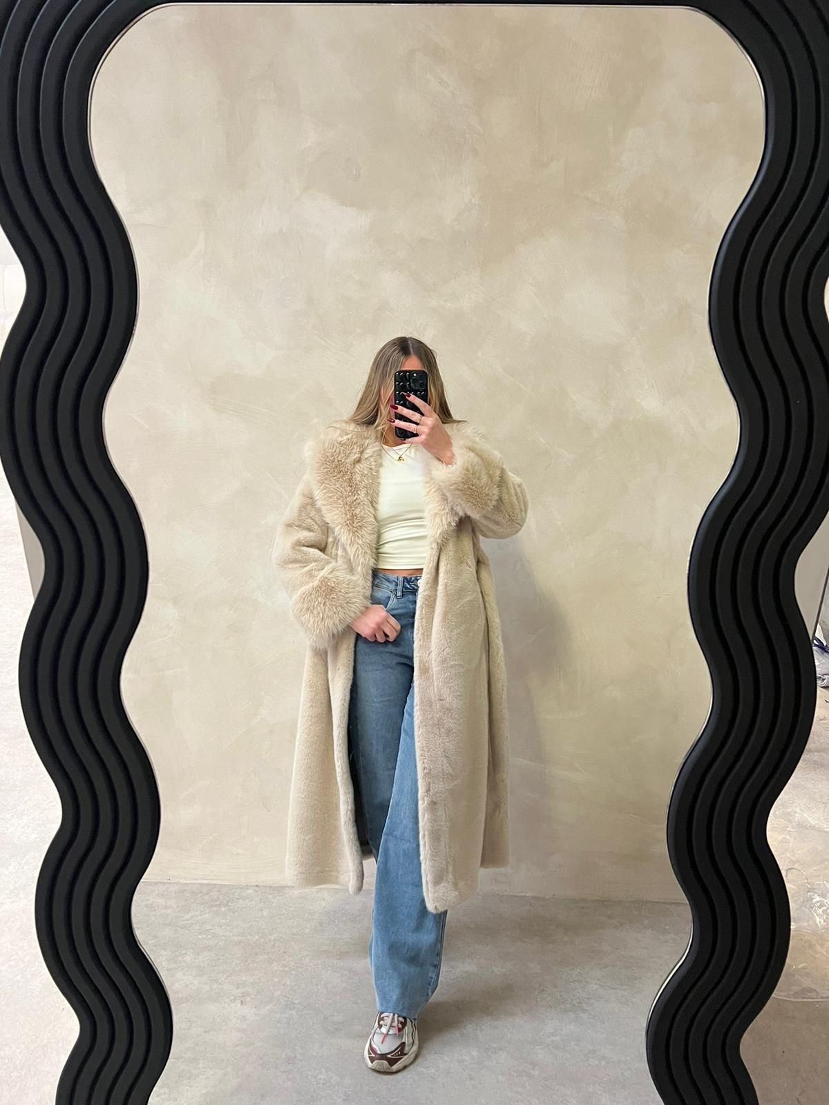 Luxury belted faux fur coat - cream