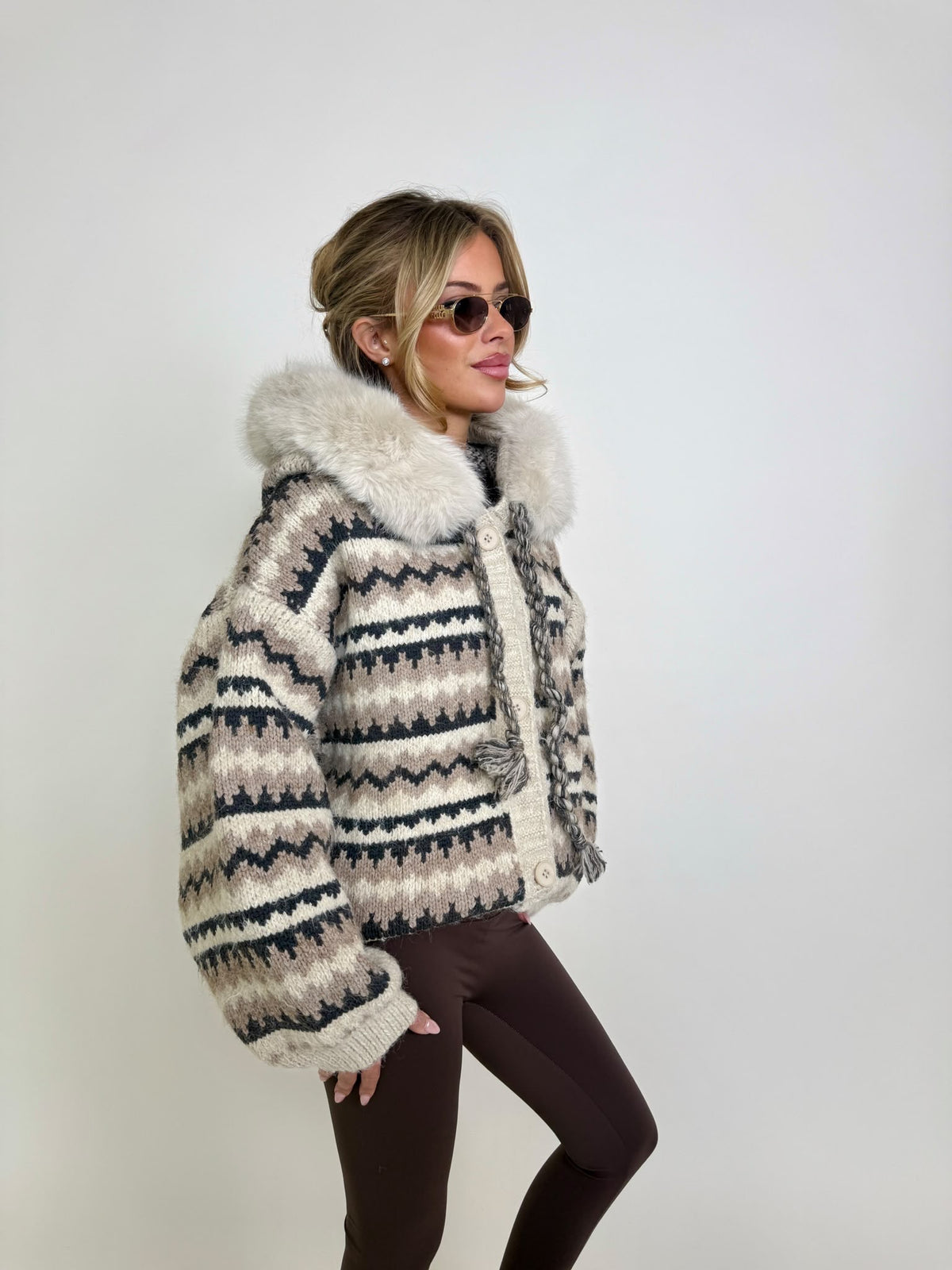 Aztec faux fur cardigan - cream