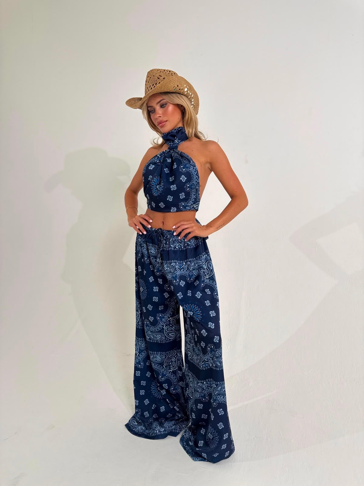 Bandana halter neck trouser set - navy