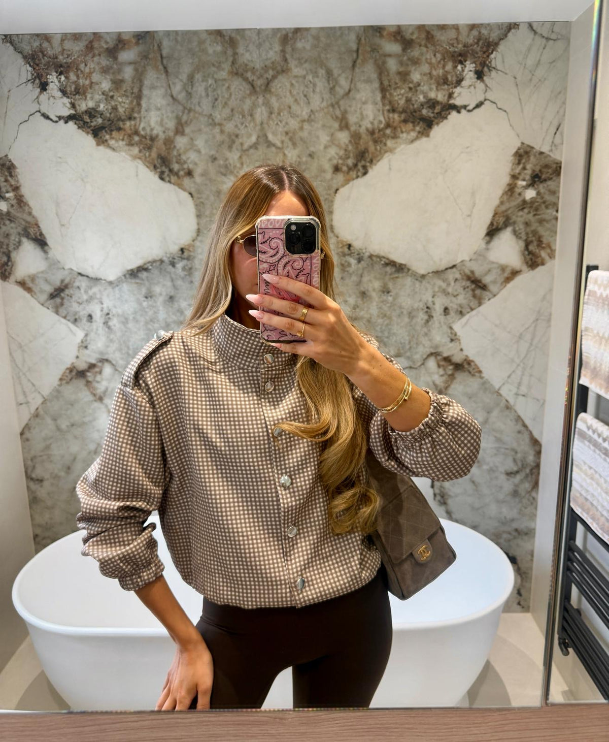 Silver button gingham jacket - beige