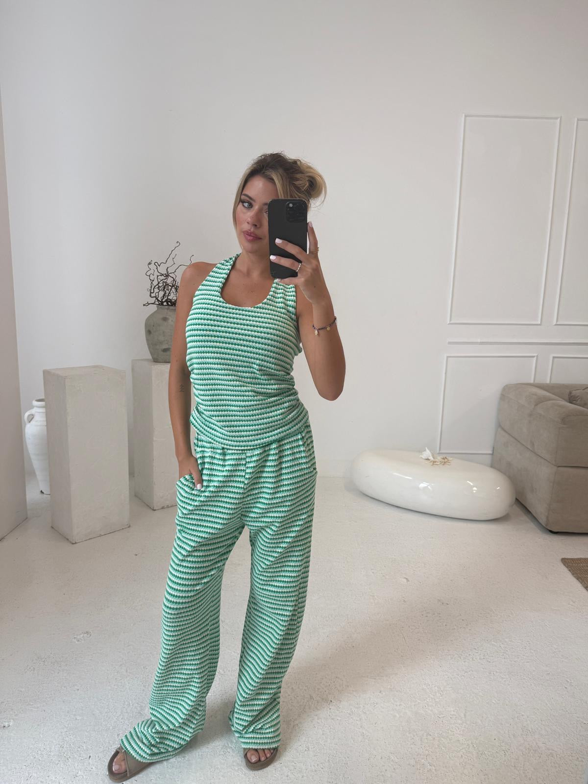 Halterneck stripe lounge set - green