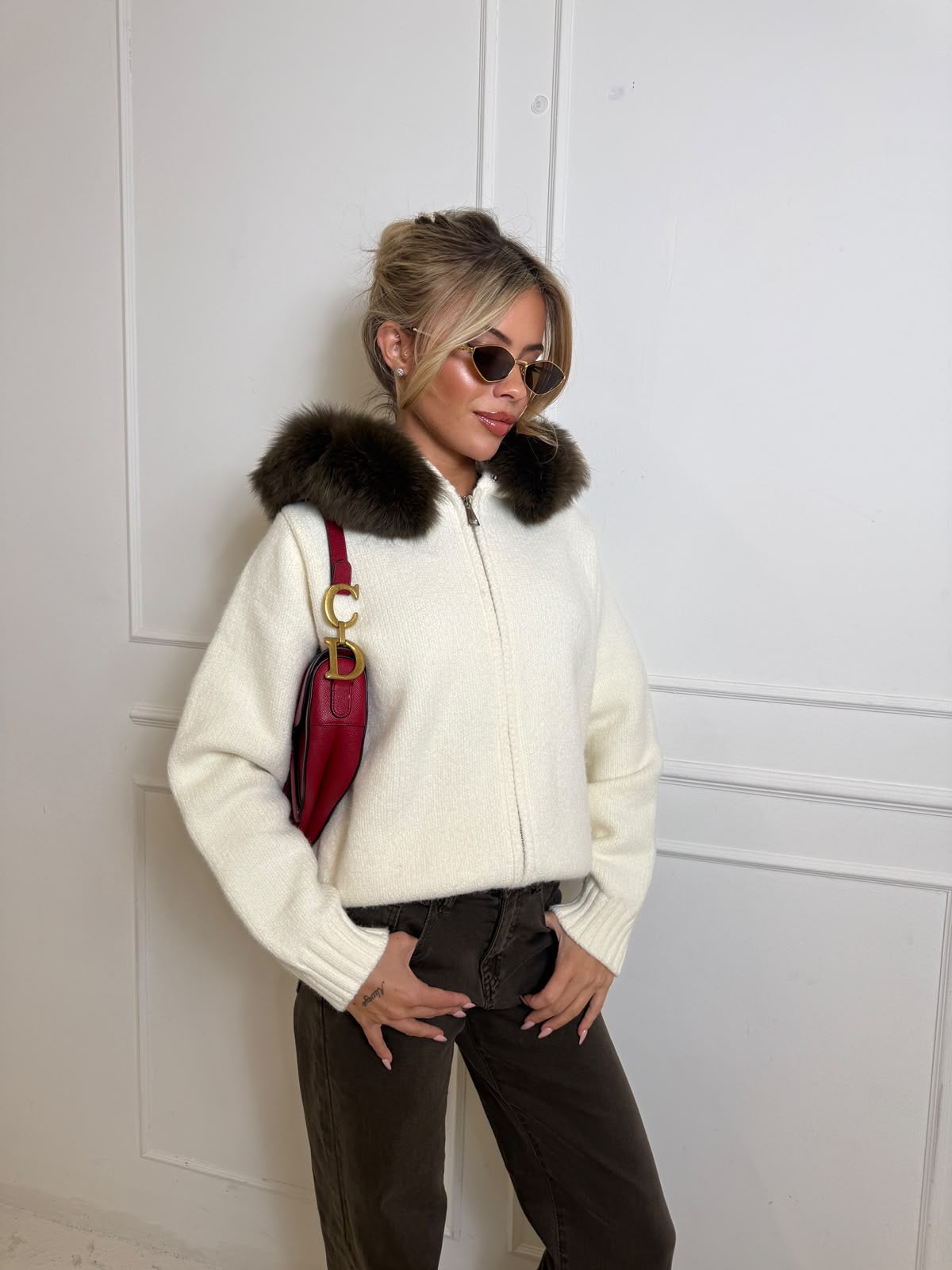 Luxury Fur Cardigan Jacket -  cream with brown fur PRE ORDER