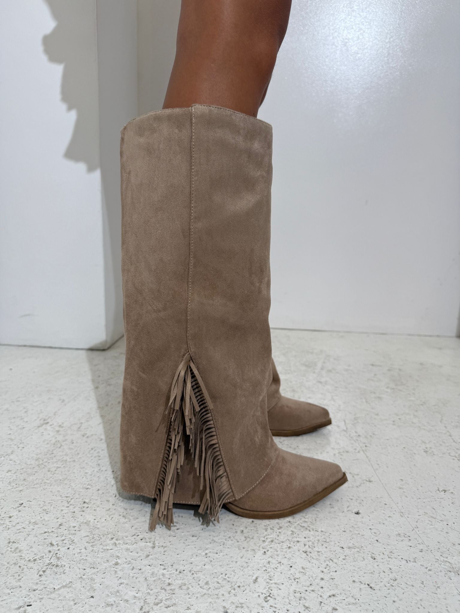 Fold over suede side tassel boots - beige