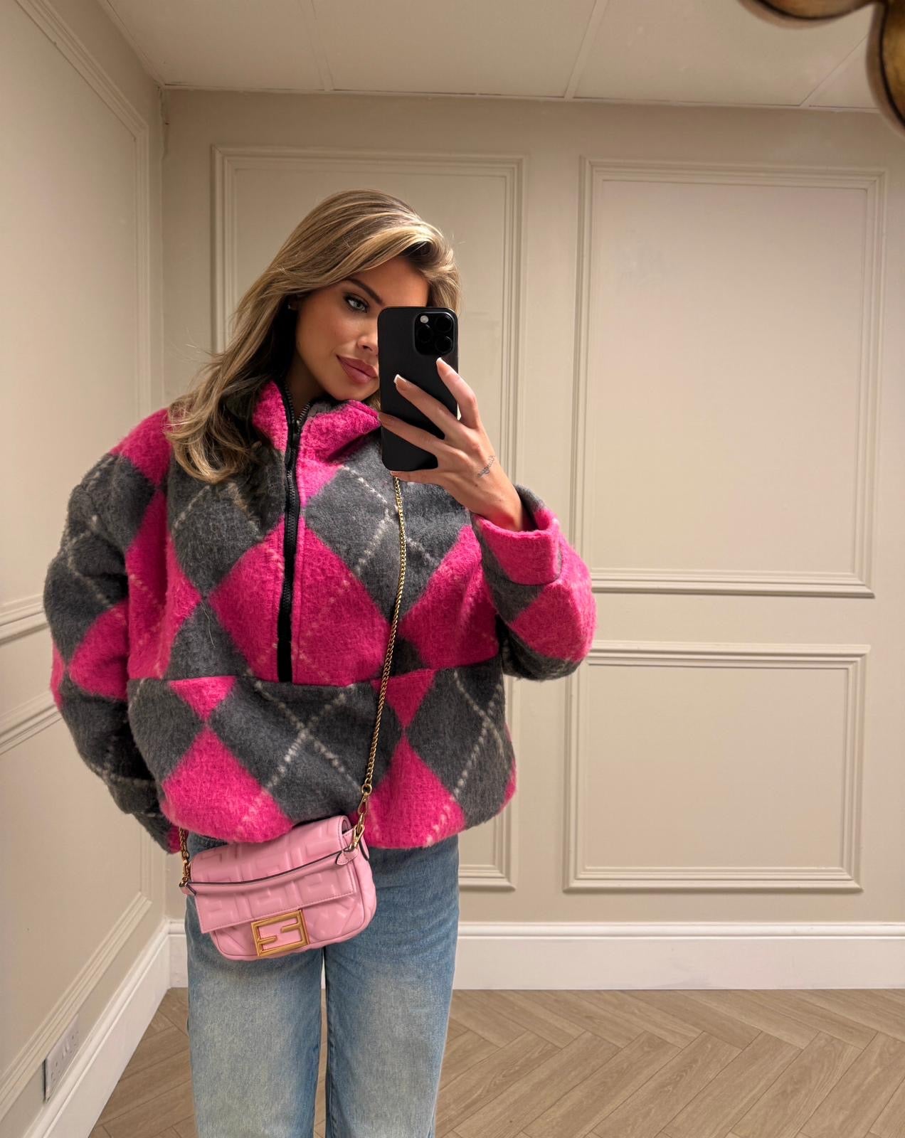 Check half zip fleece - pink