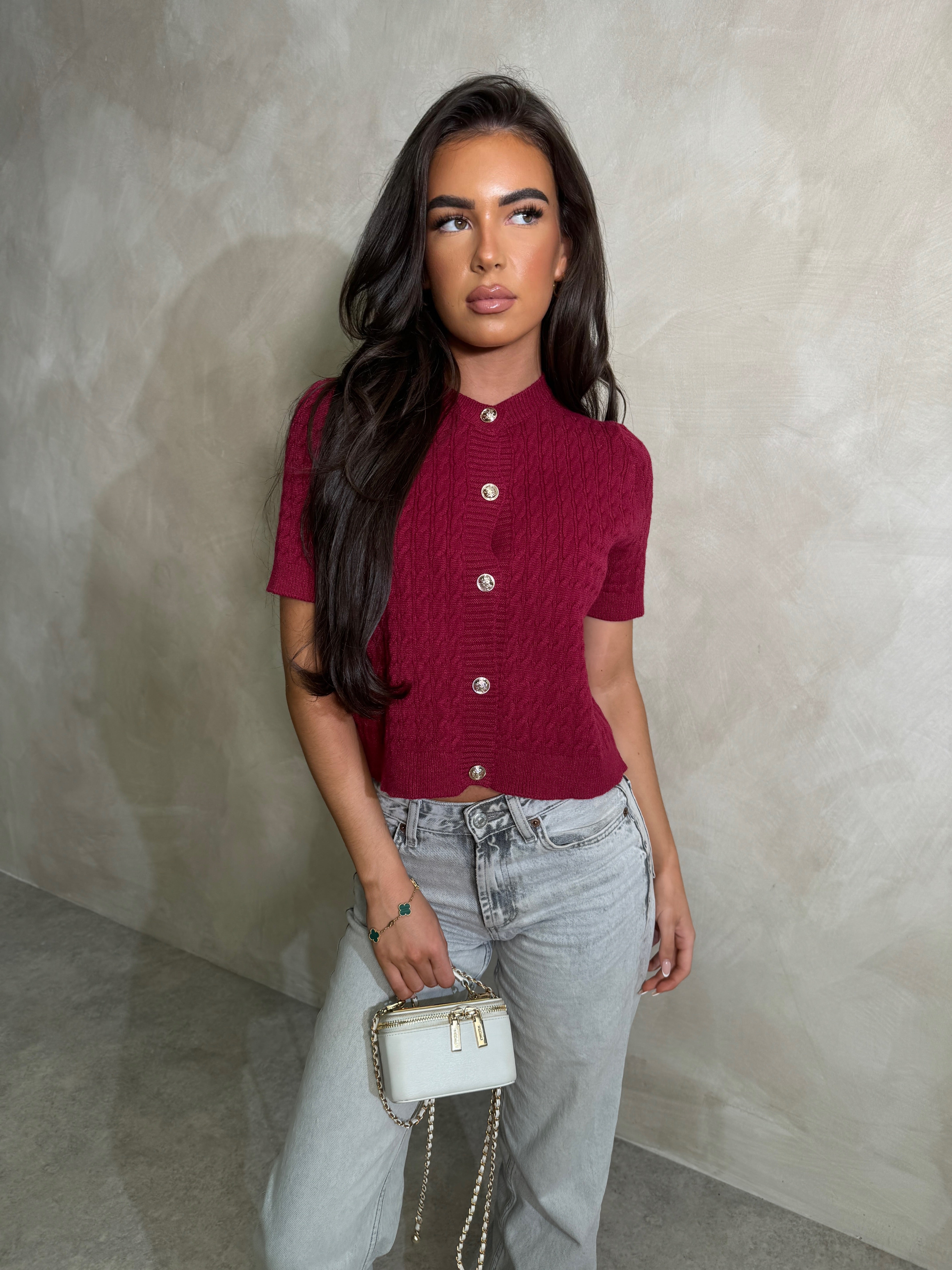 Gold button top - burgandy