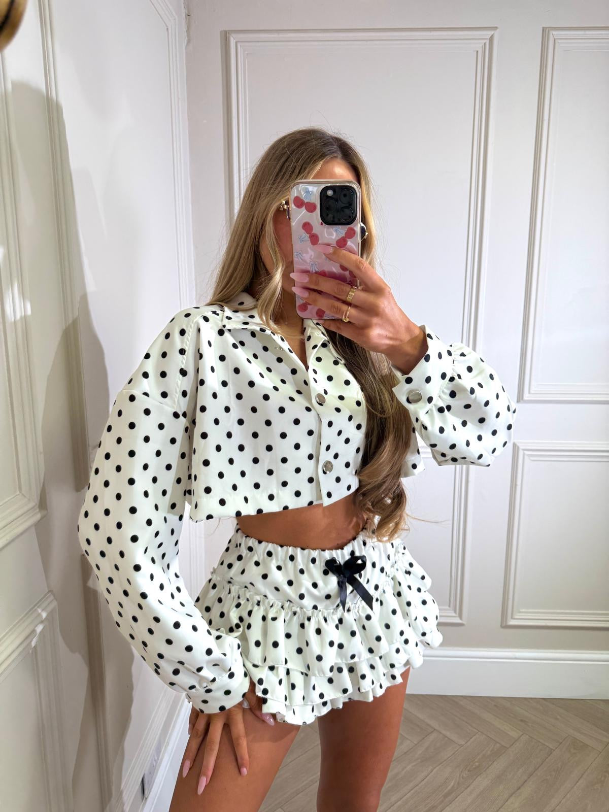 Ruffle polka dot set - white