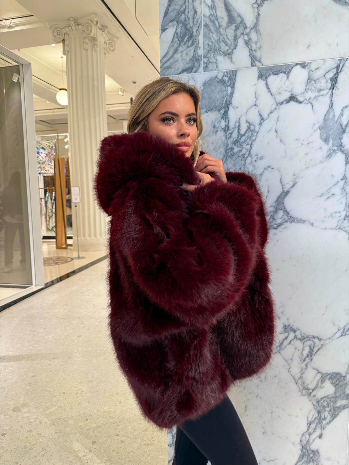 Hood Faux Fur Coat - Burgundy