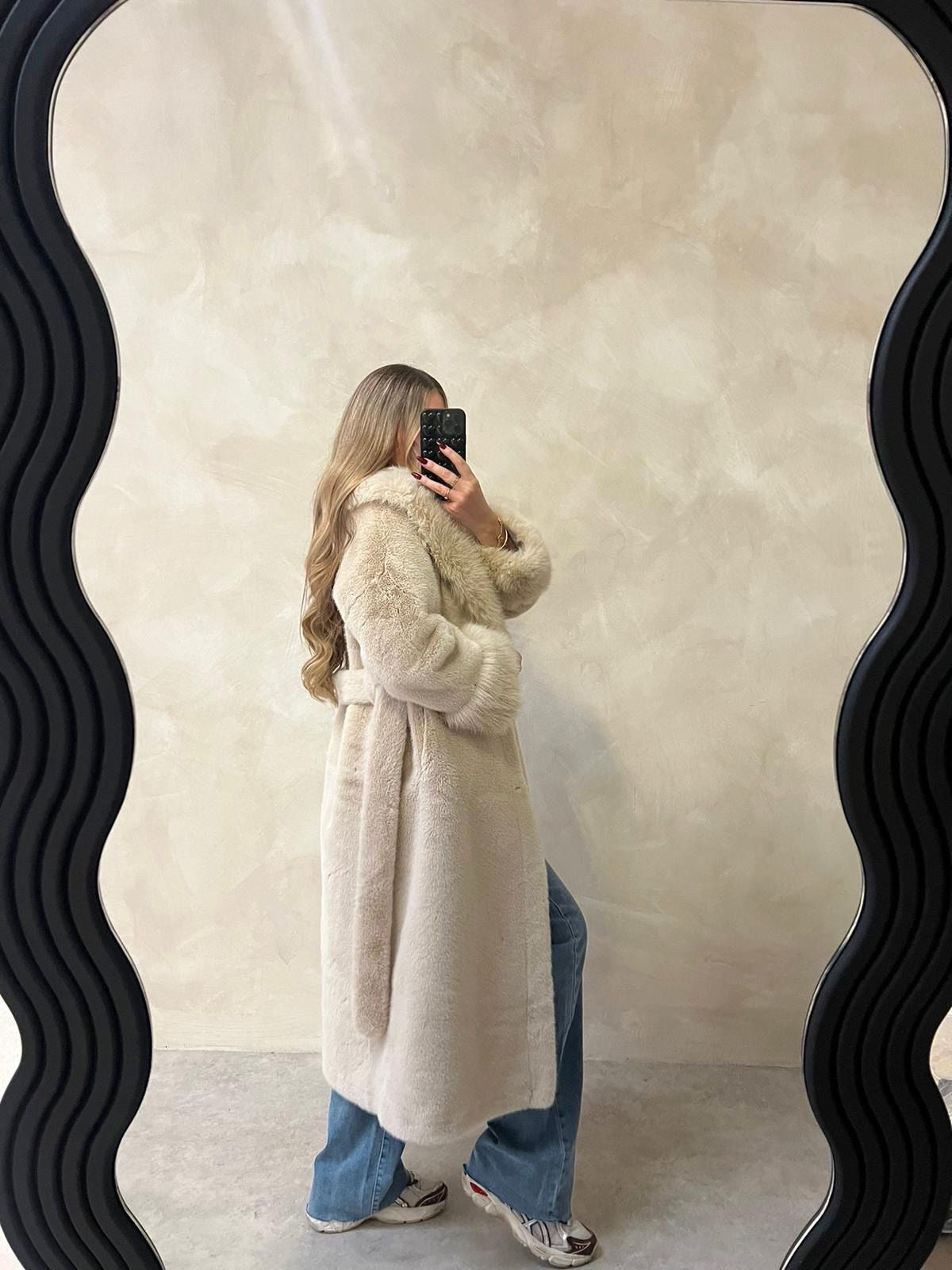 Luxury belted faux fur coat - cream