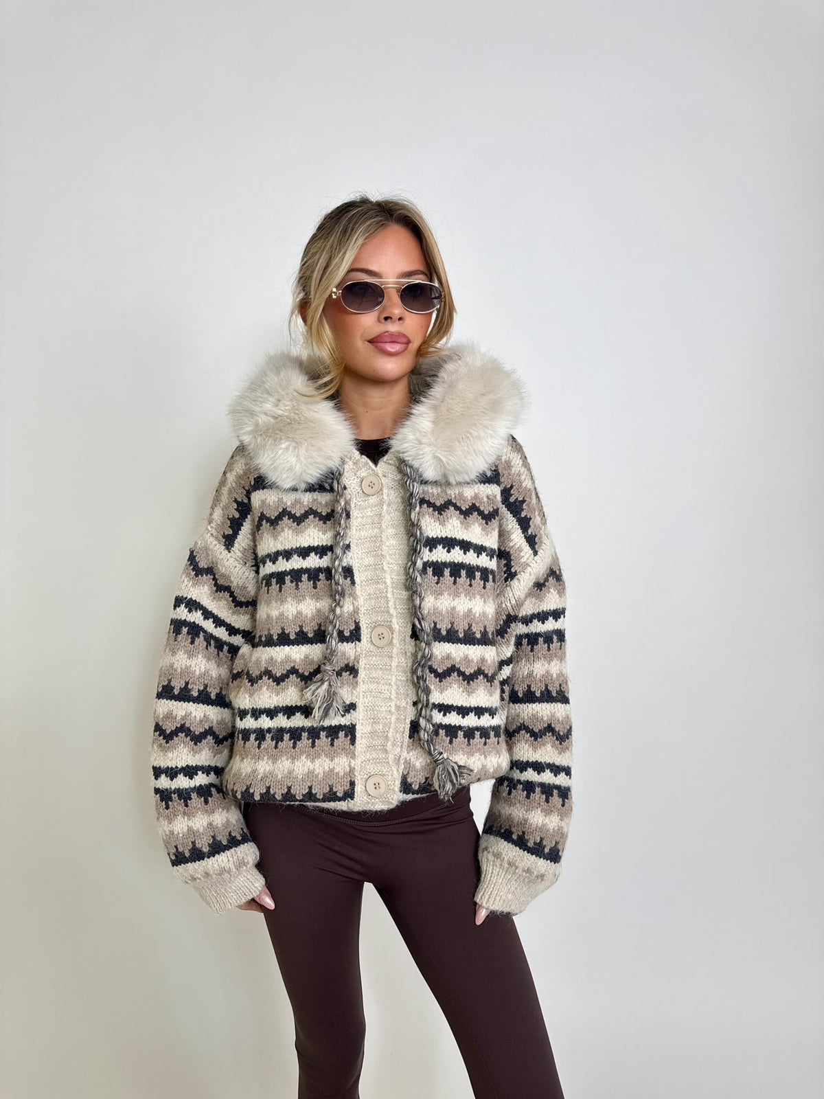 Aztec faux fur cardigan - cream