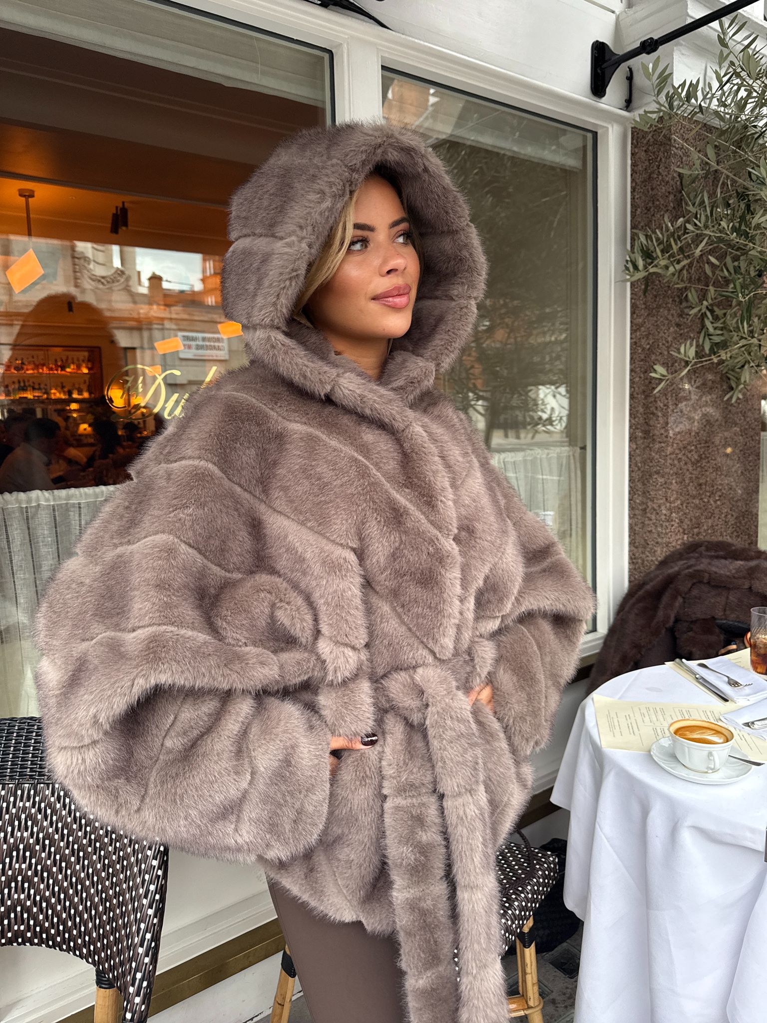 Luxury belt Faux Fur Coat - taupe
