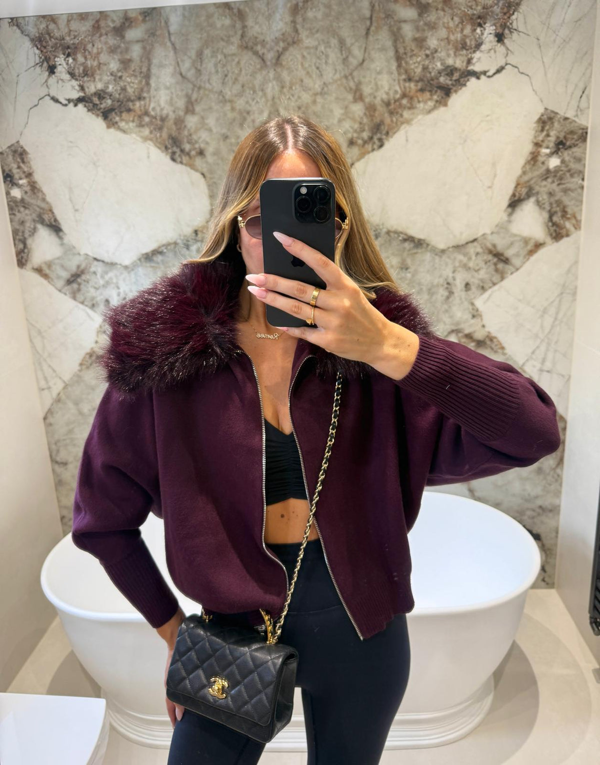 Collar fur cardigan - wine