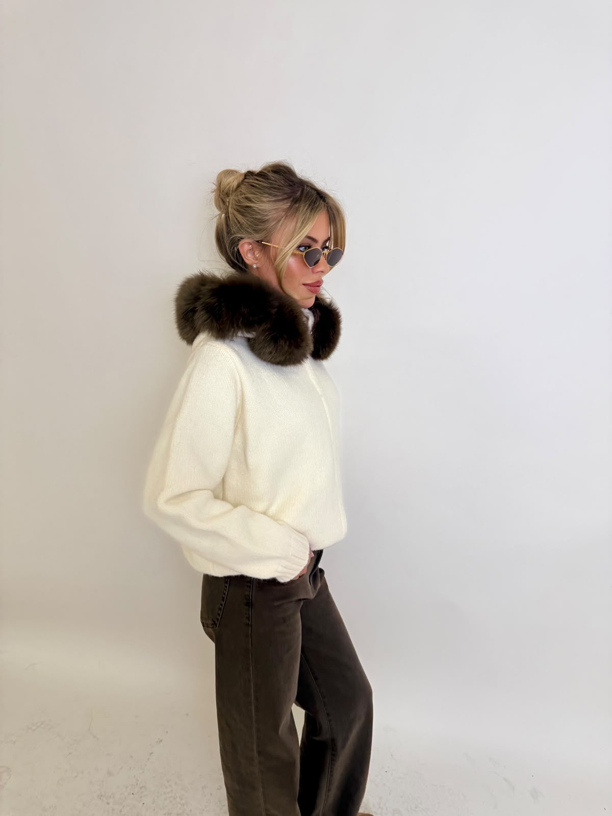 Luxury Fur Cardigan Jacket -  cream with brown fur PRE ORDER