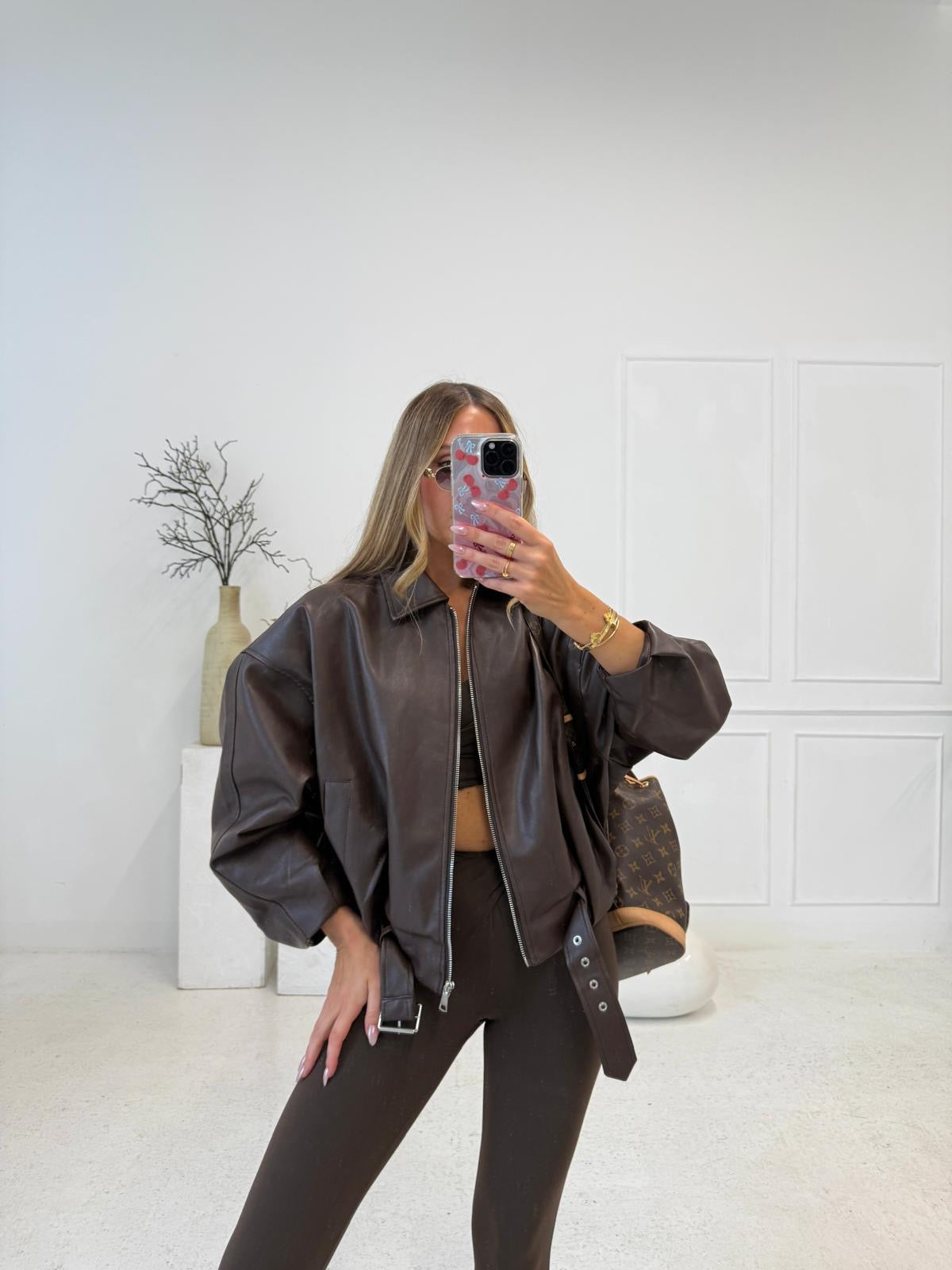 Faux leather belt jacket - chocolate