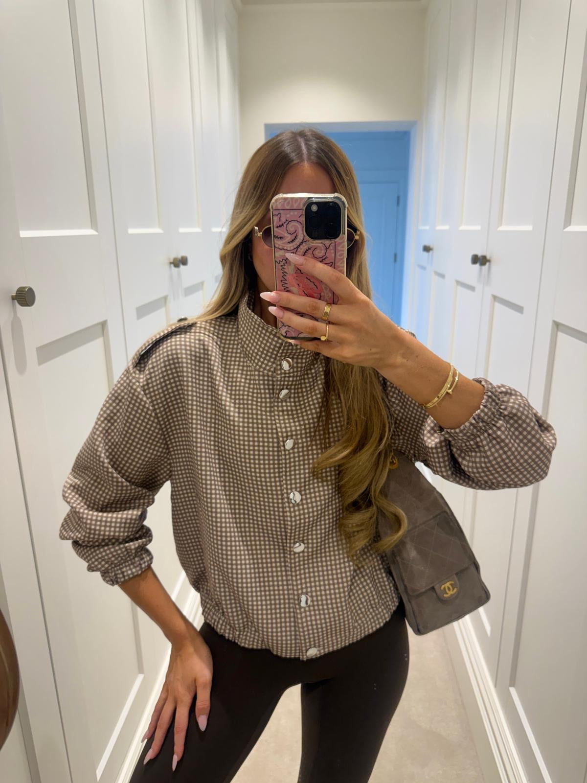 Silver button gingham jacket - beige