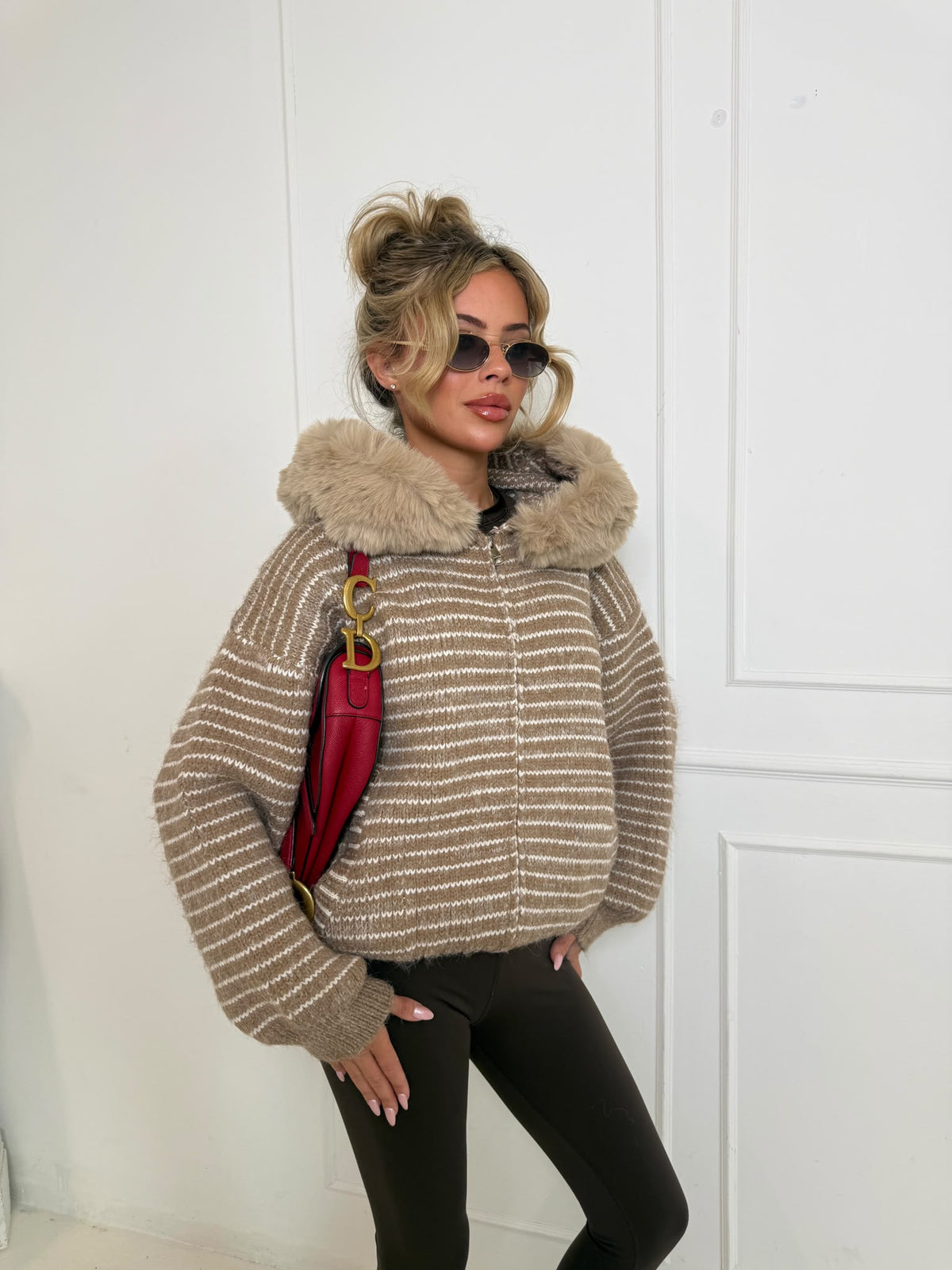 Stripe faux fur cardigan - beige