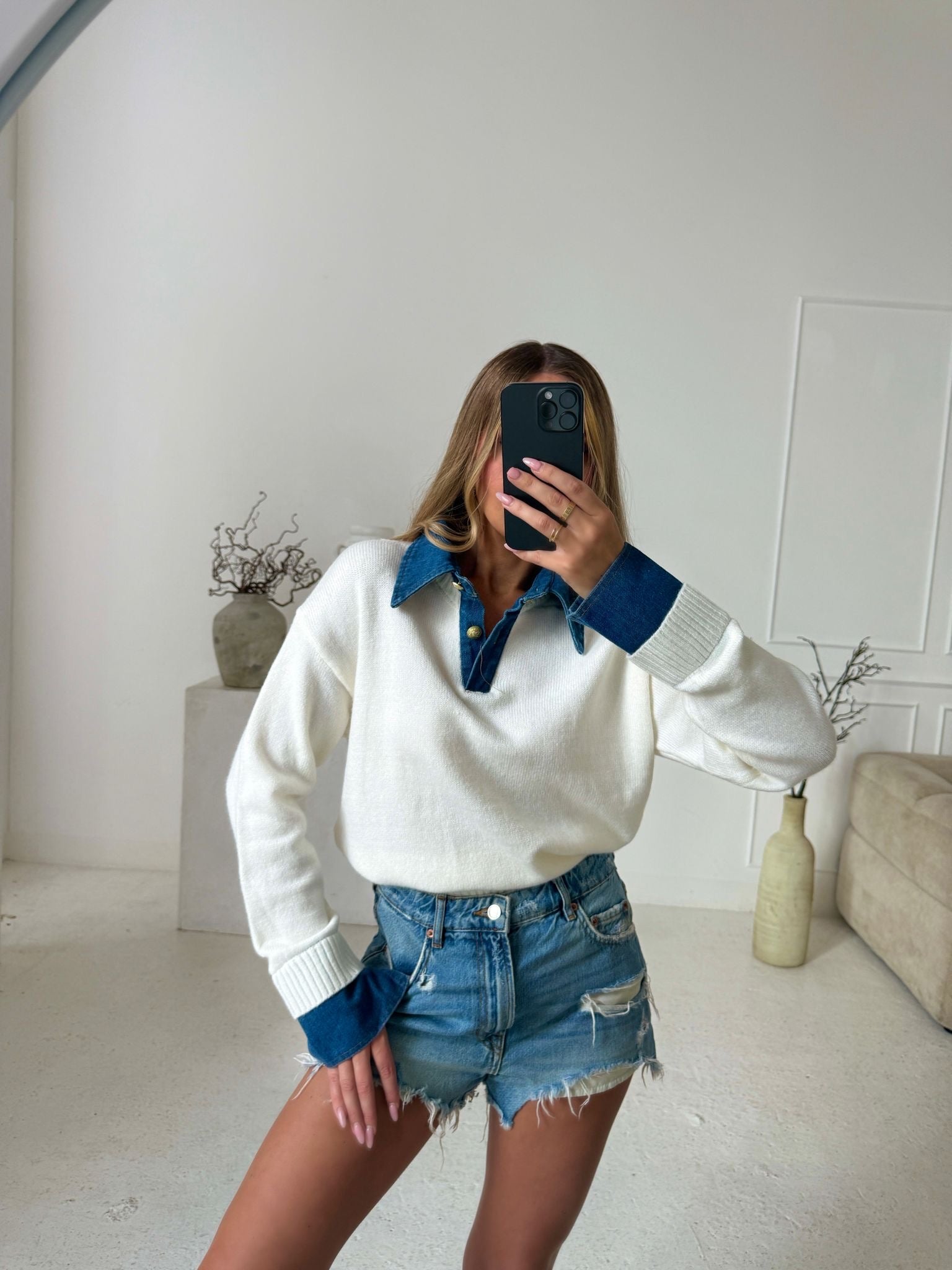 Denim Collar Knit Top - Cream