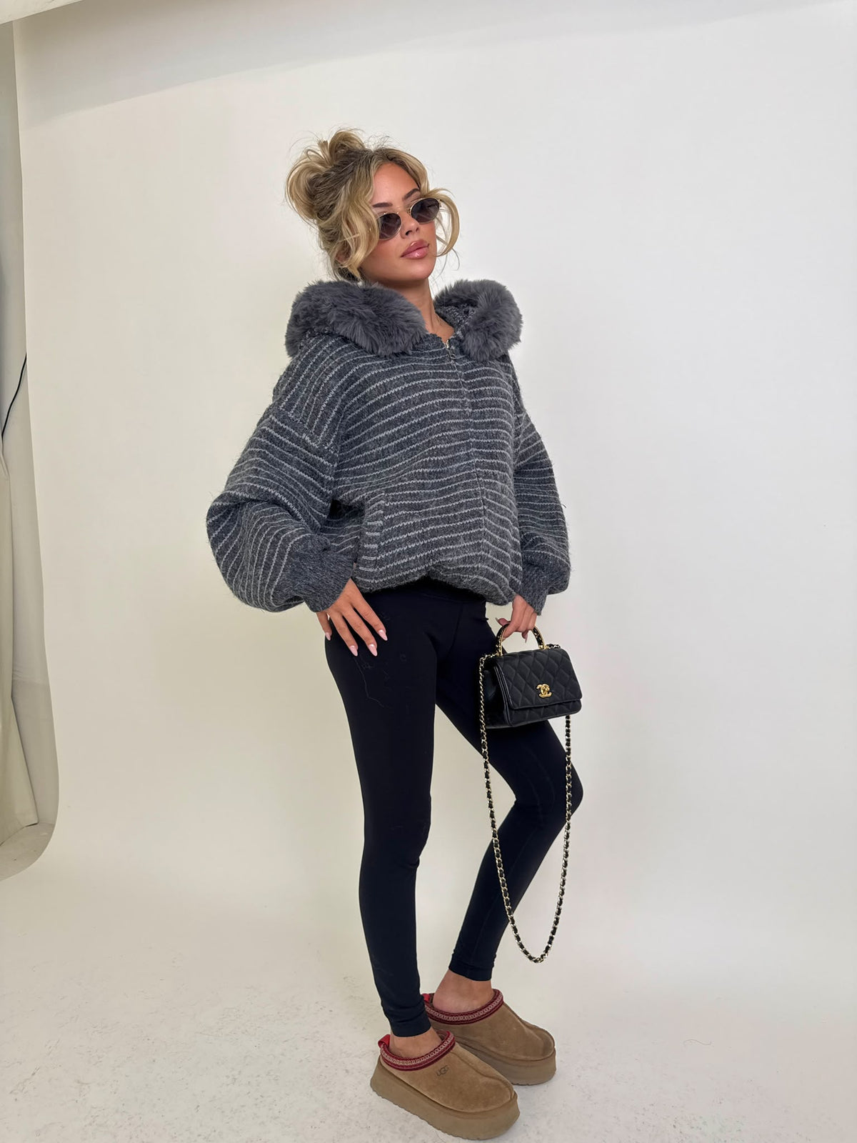 Stripe faux fur cardigan - grey