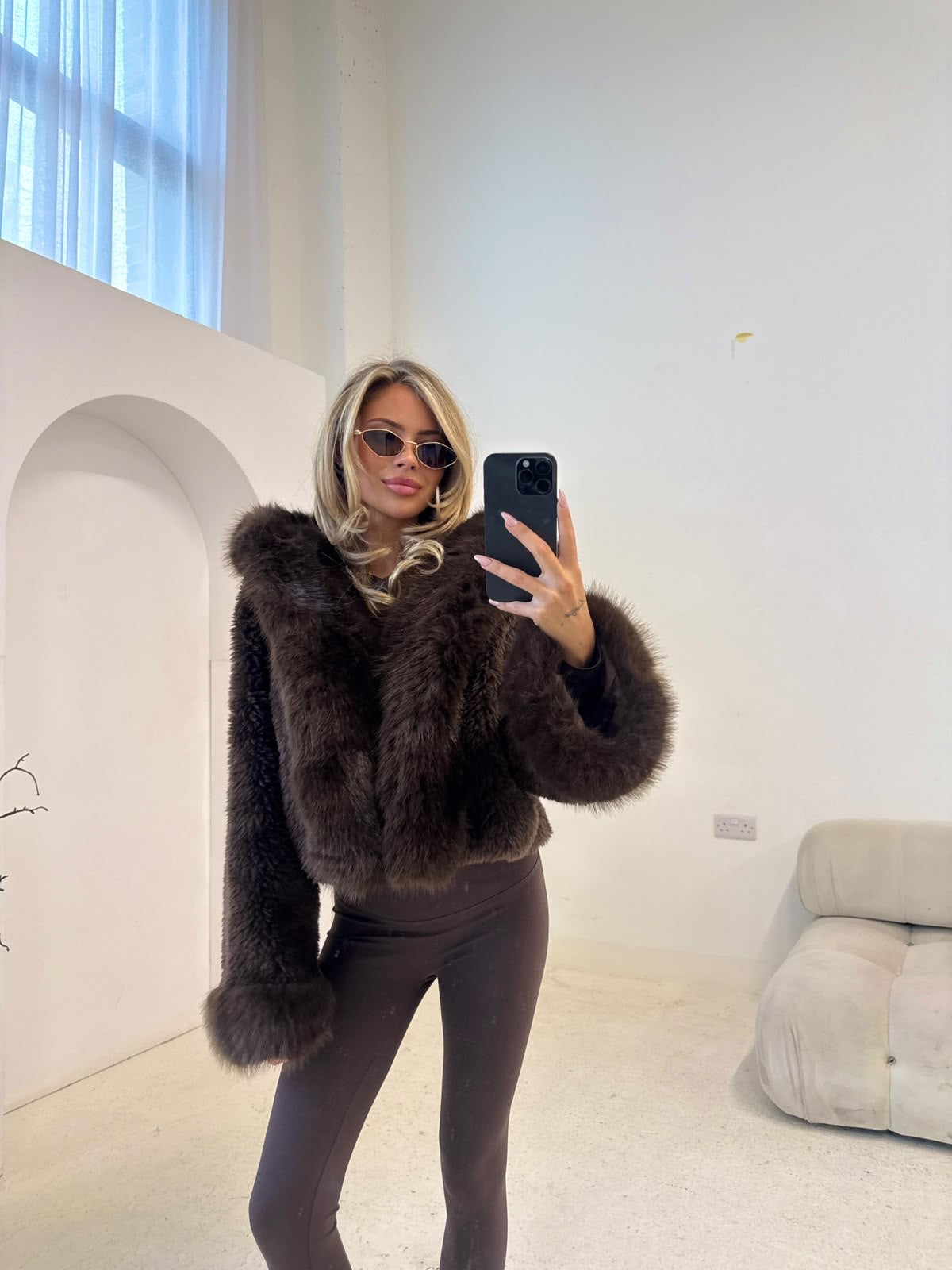 Faux Fur Coat With Hood - brown