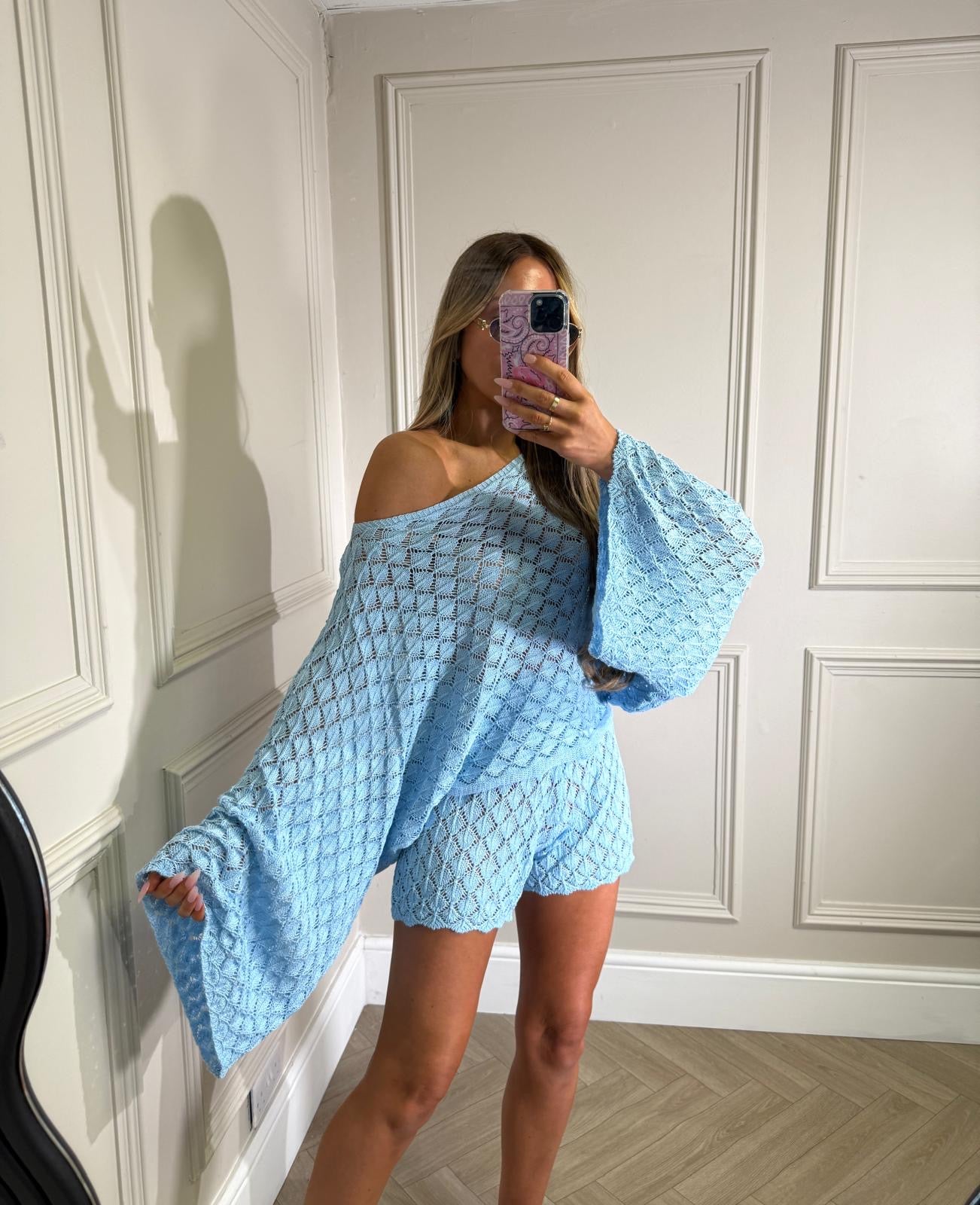 Off shoulder crochet co-ord - blue